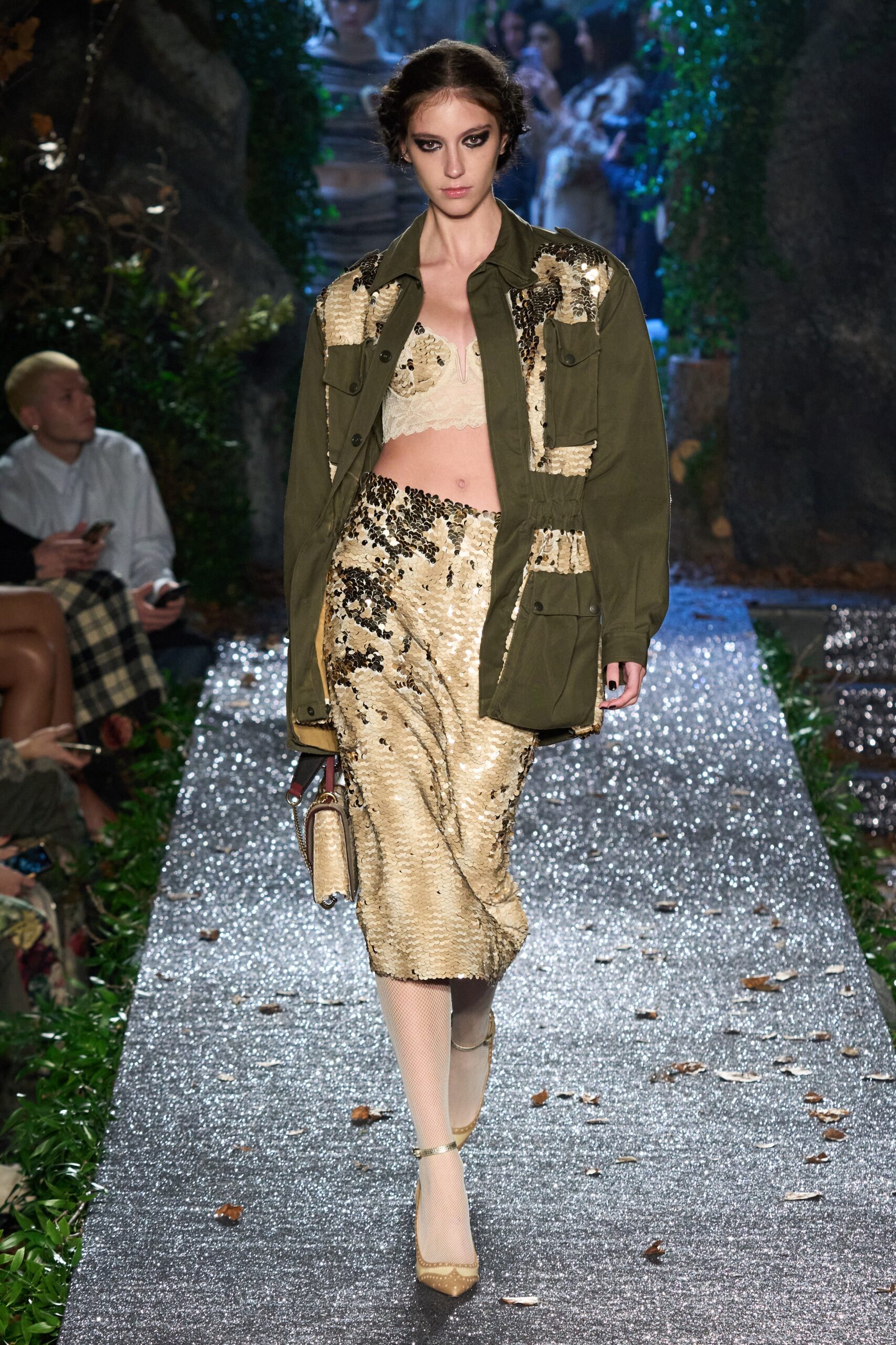 green relaxed jacket with gold skirt