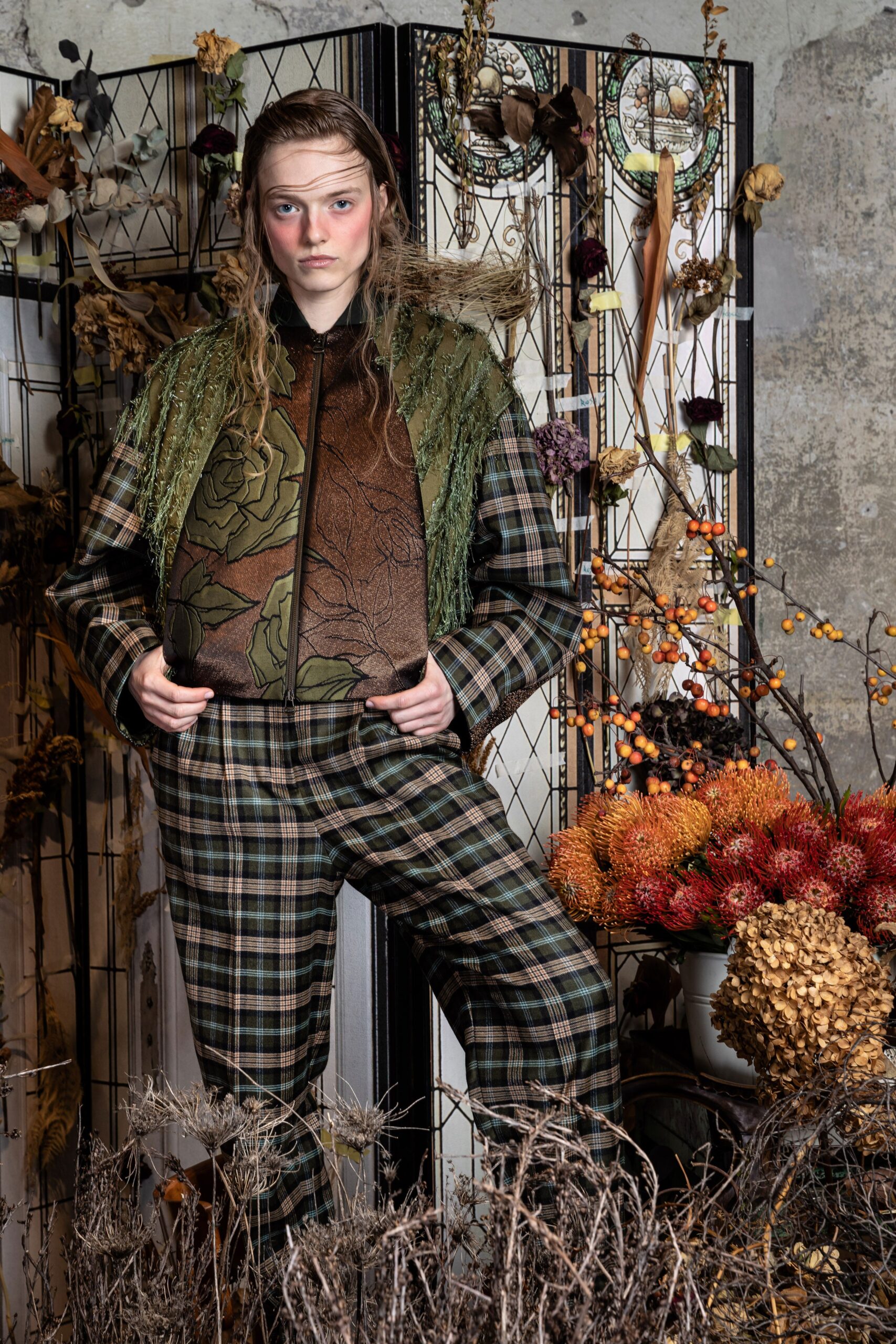 embroidered green brown jacket with checked pants
