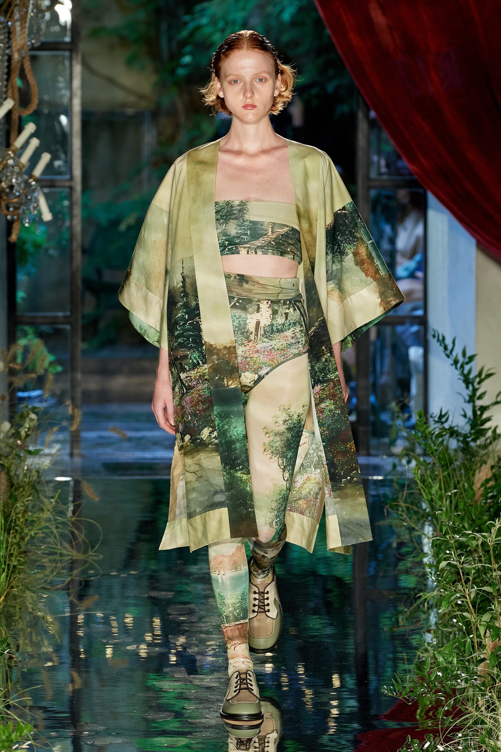 green printed silk top skirt coat