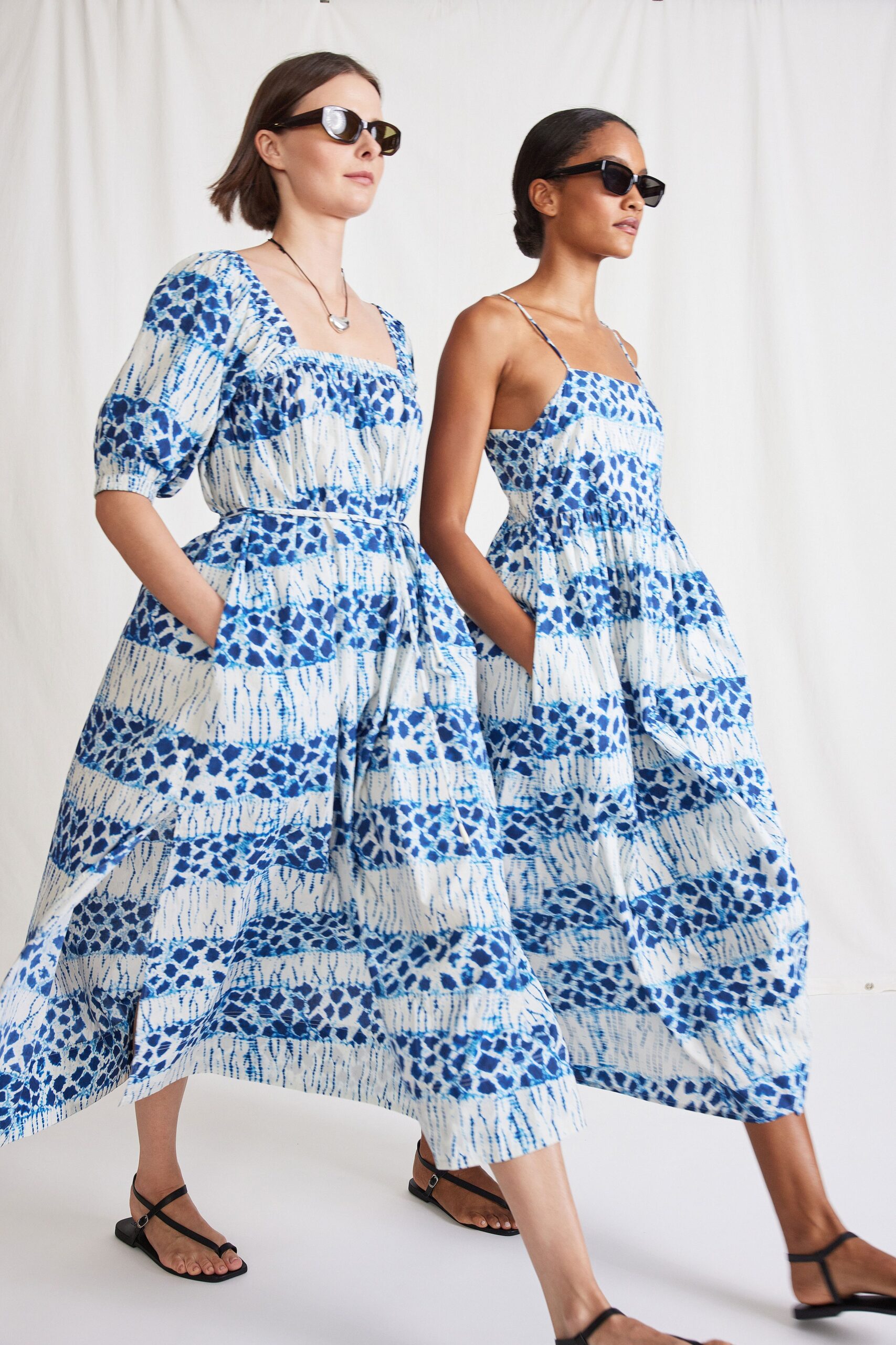 blue and white tiered dresses