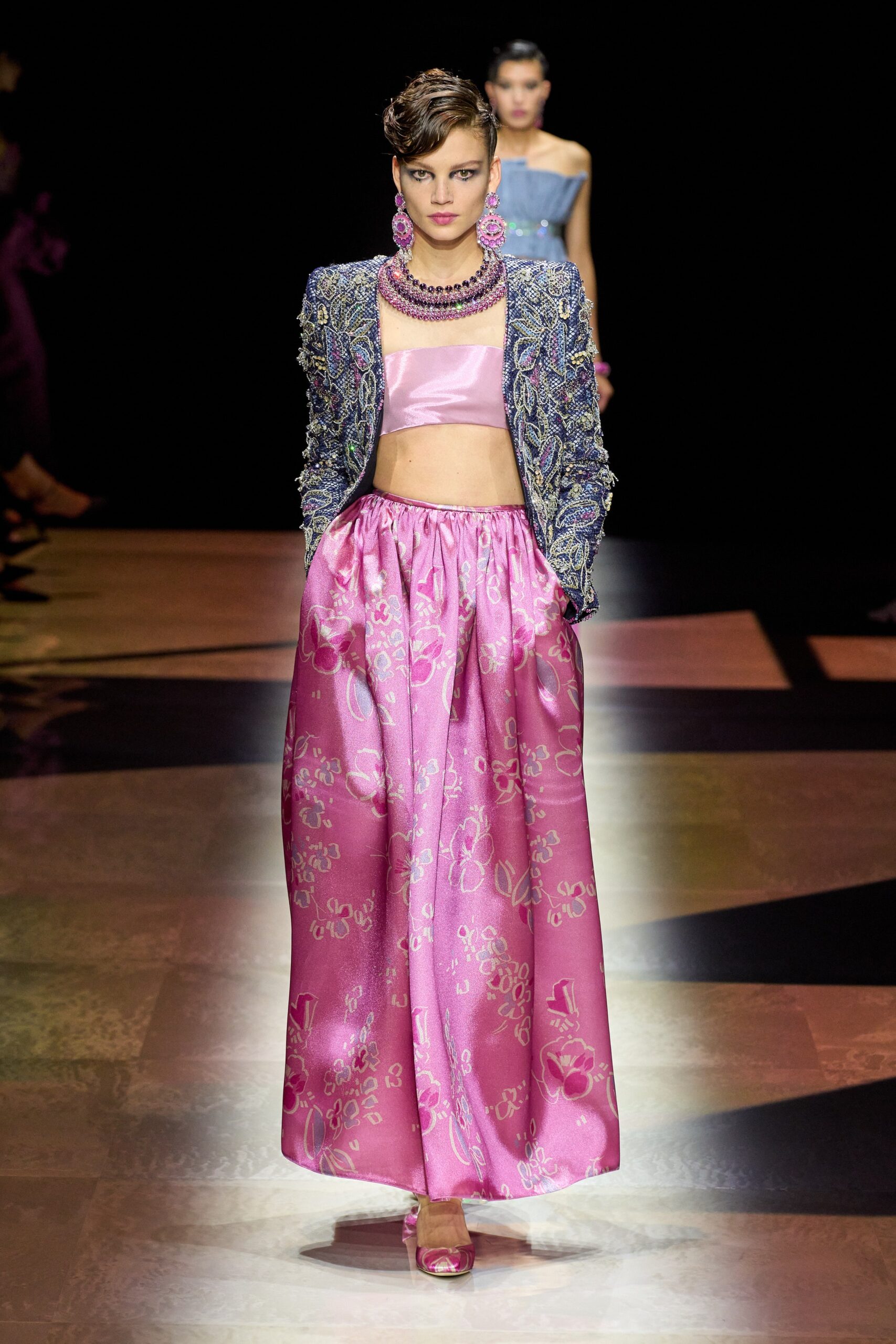 blue embroidered blazer pink crop-top and skirt