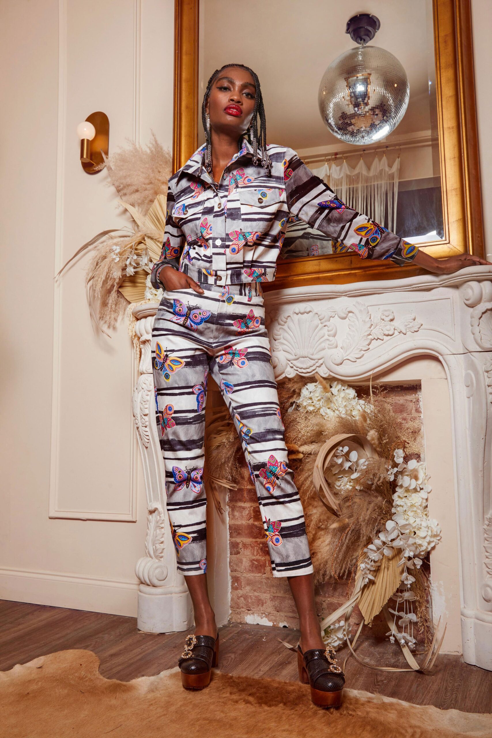 embroidered white and black jacket with pants