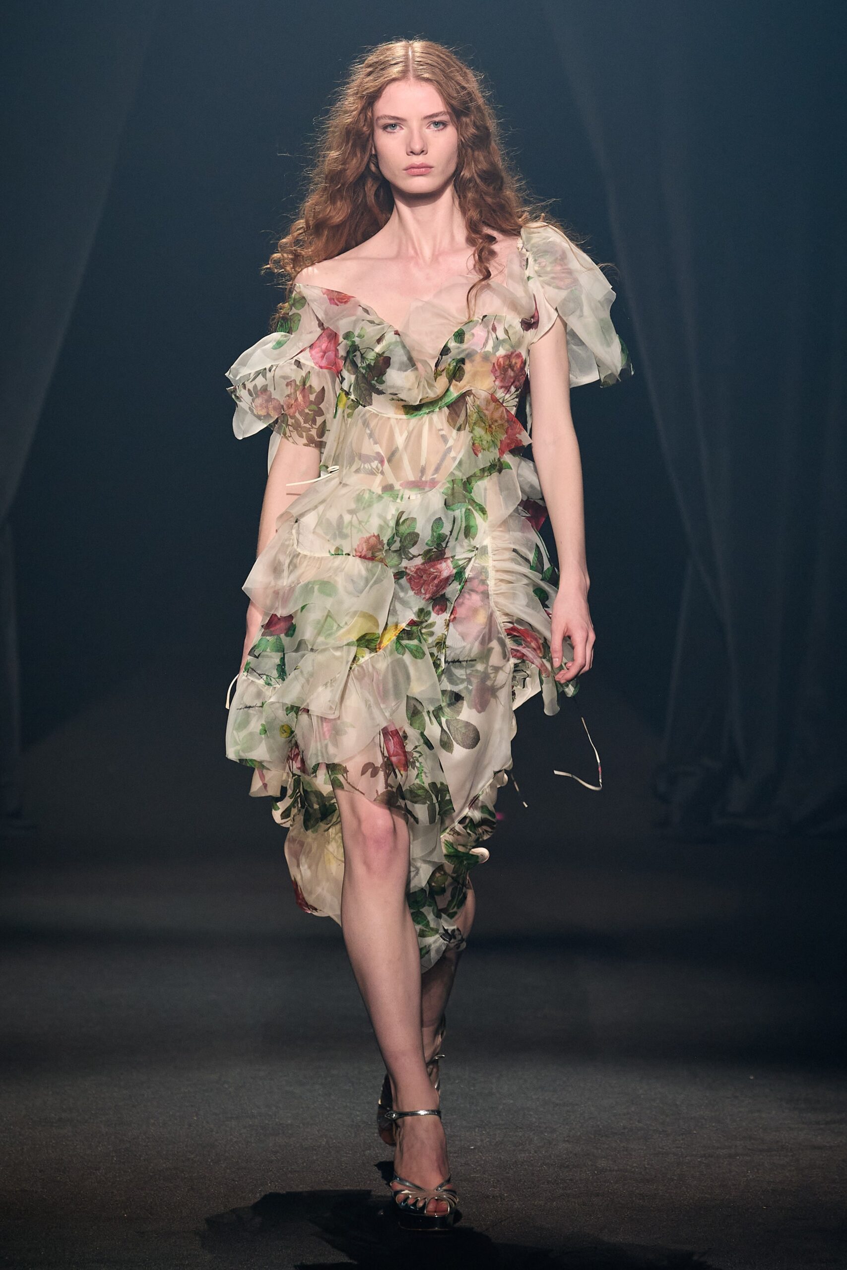 multi-colored ruffled chiffon dress