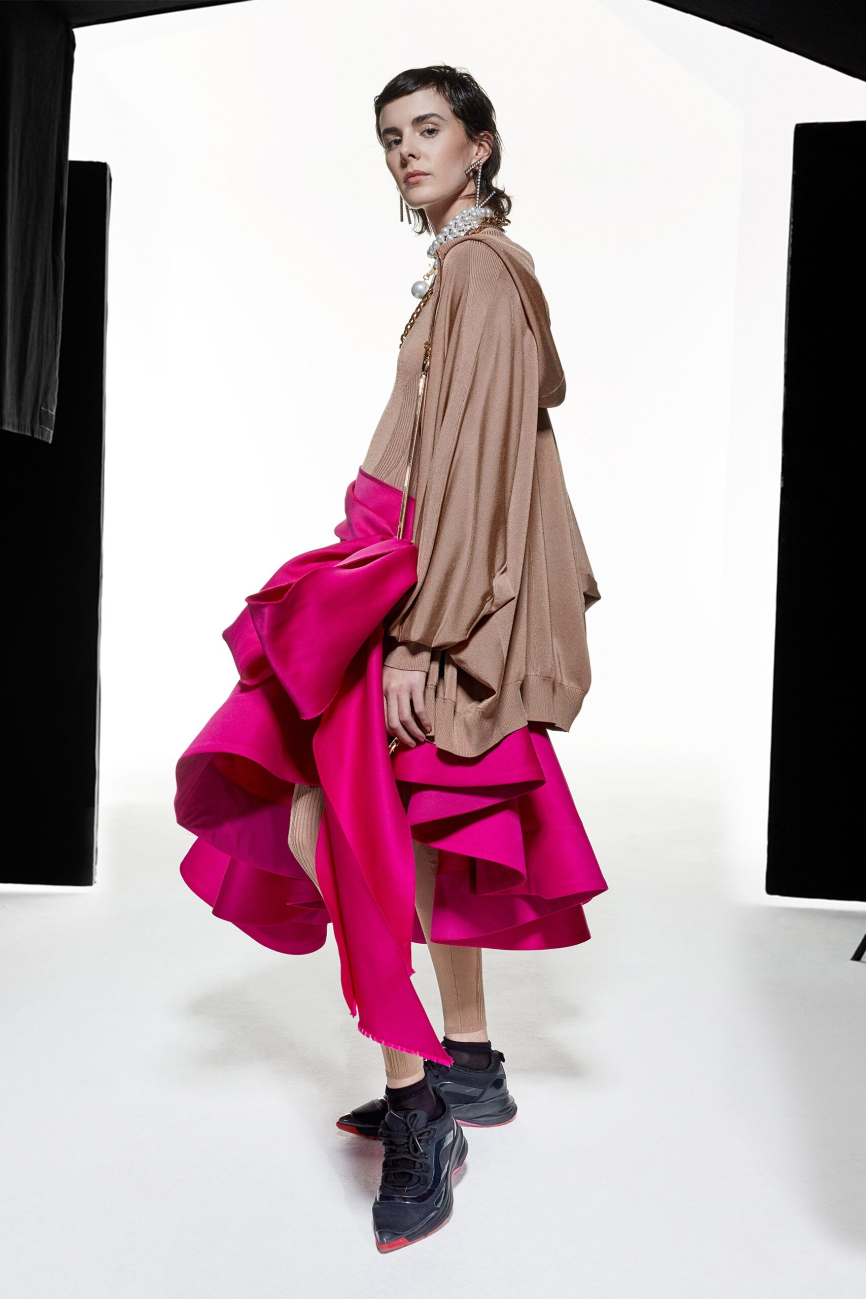 beige oversized hoodie pink tiered skirt