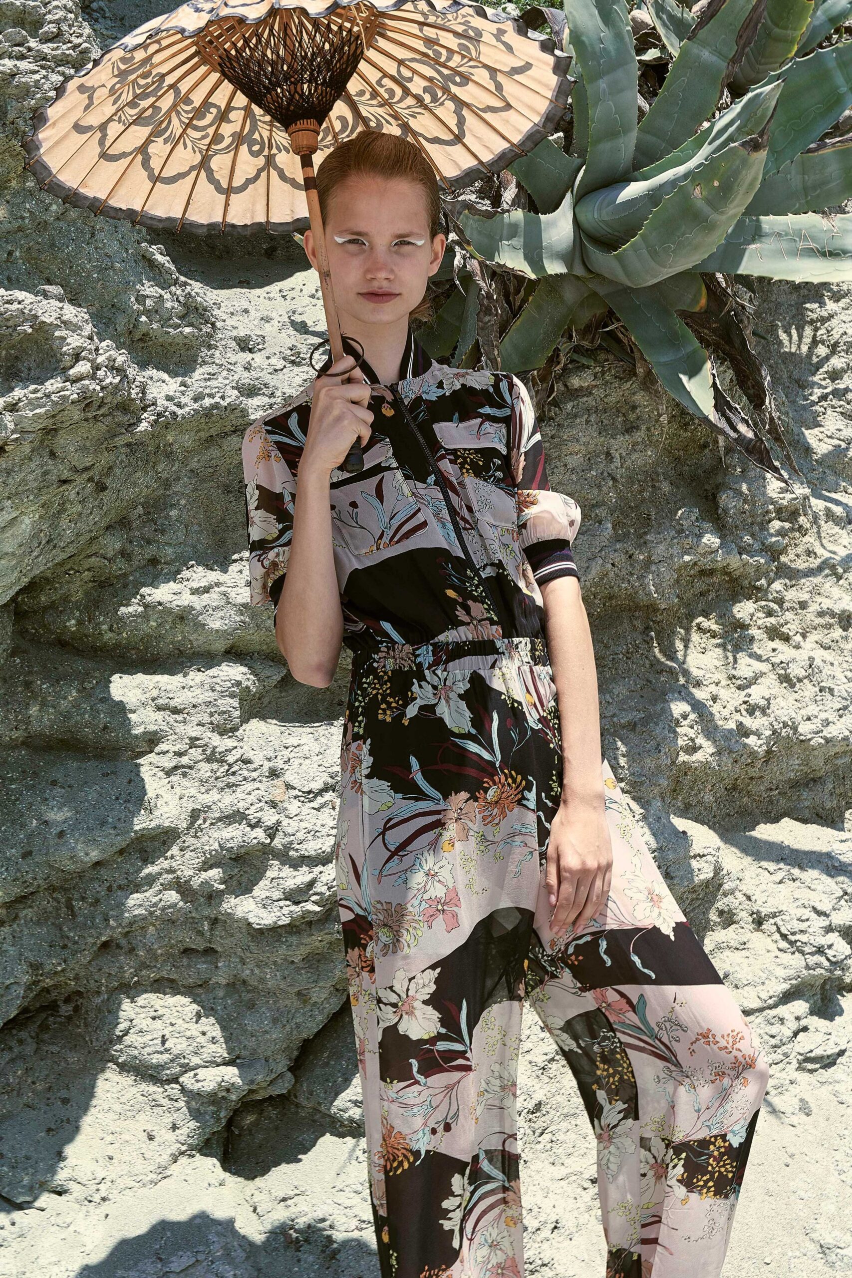 floral silk jumpsuit with parasol