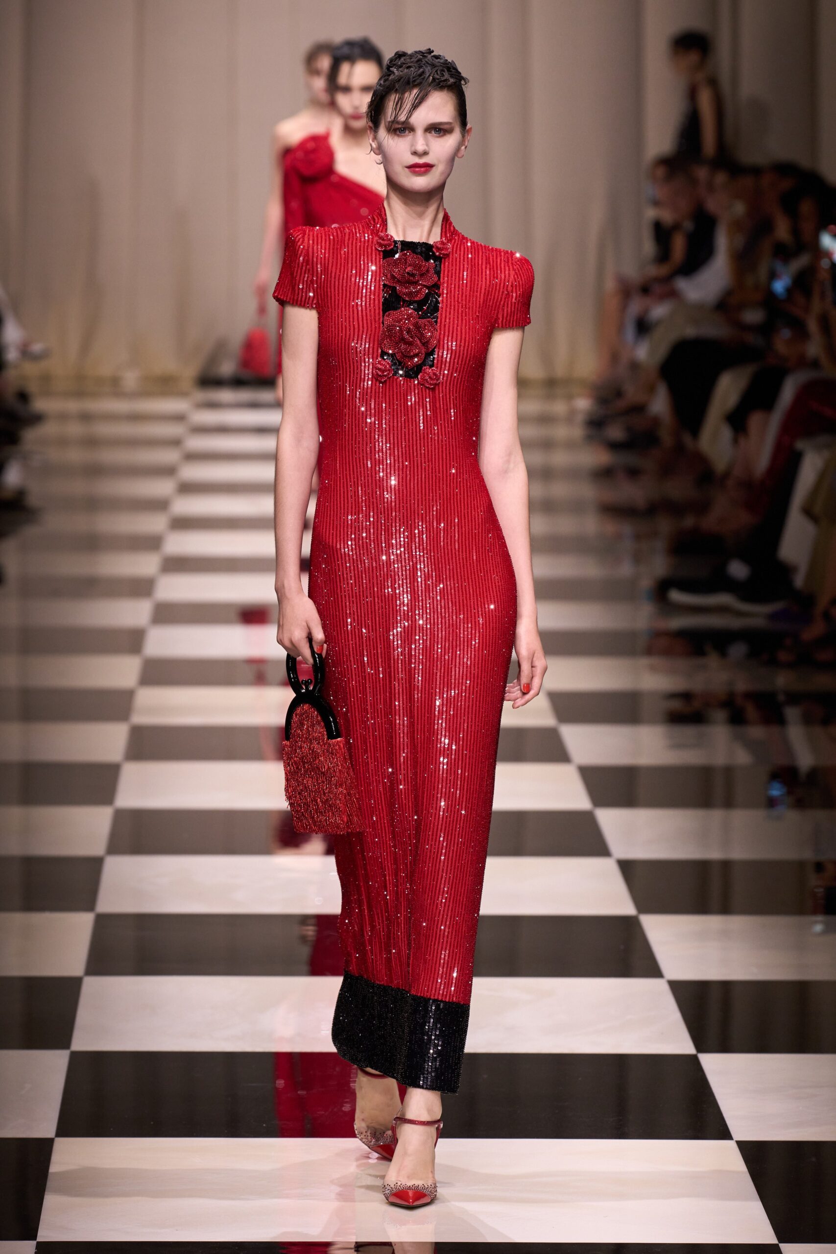 red sequin fitted midi dress