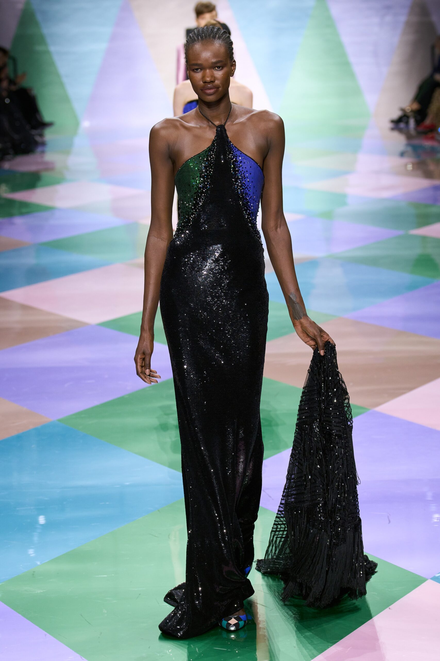 black sequin halter gown with cape