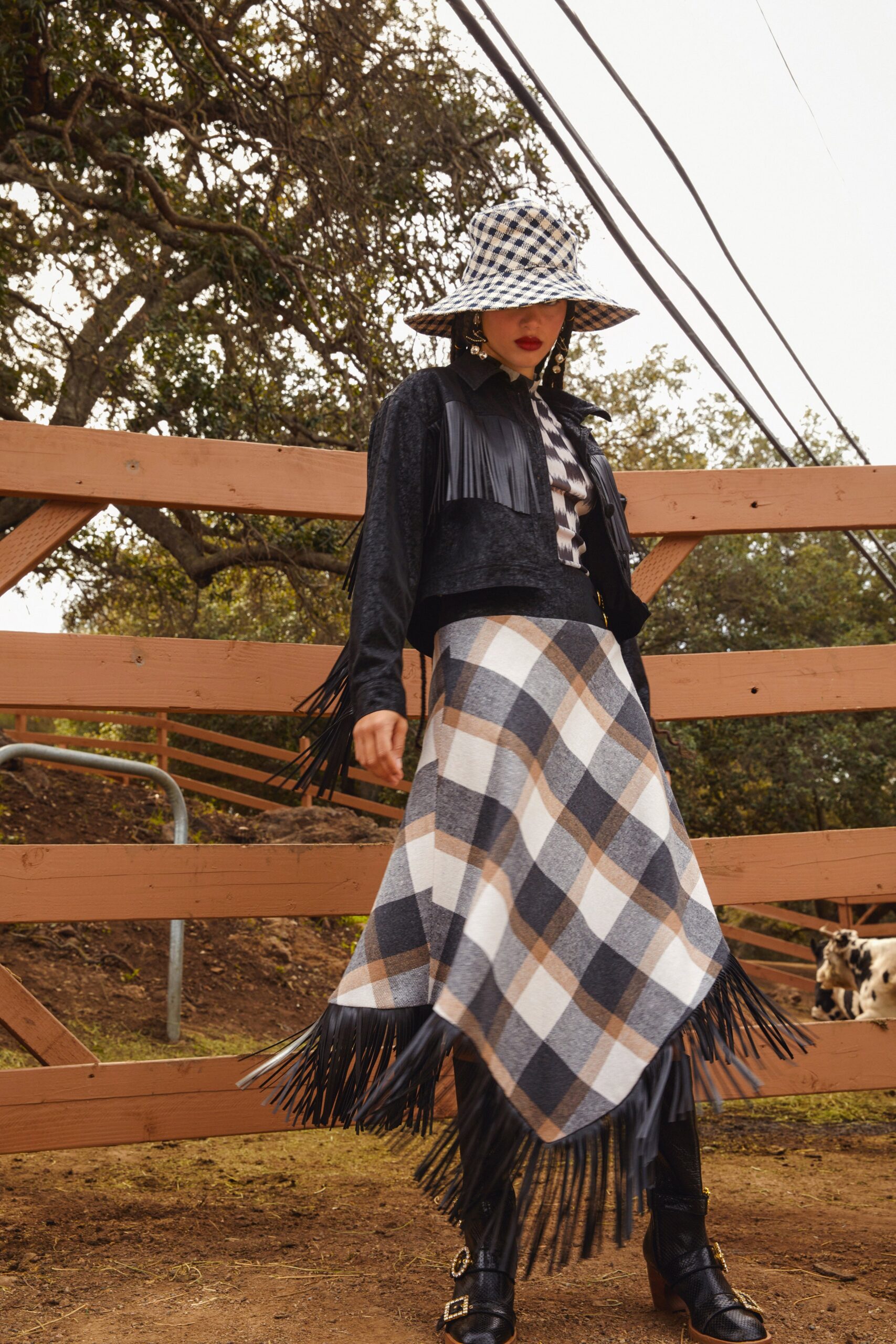 blue wool fitted checked a-line skirt