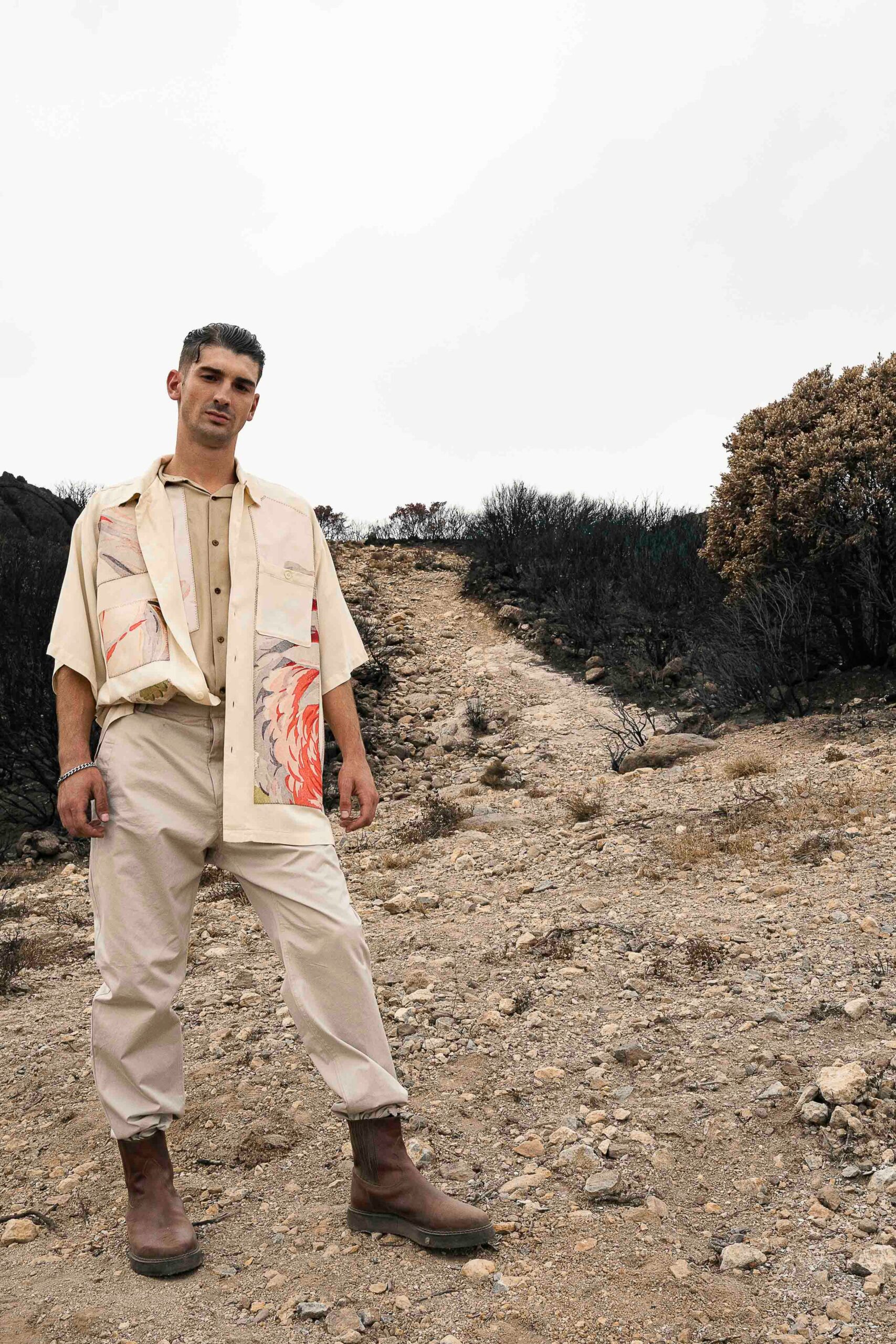 beige cotton shirt and pants