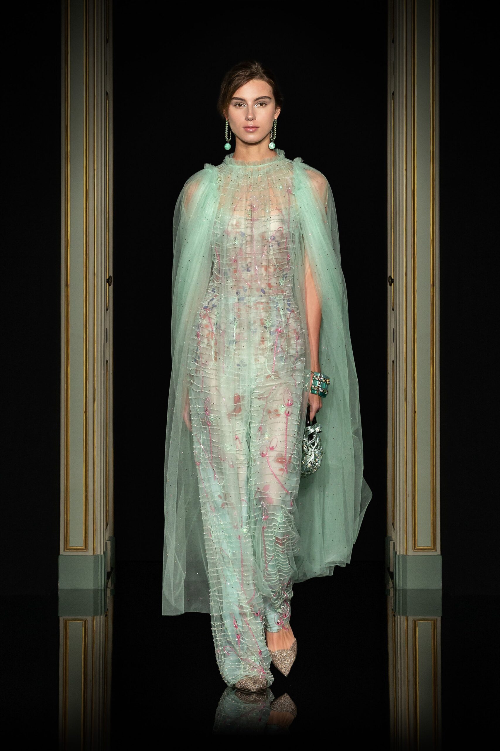 green embroidered tulle gown with cape