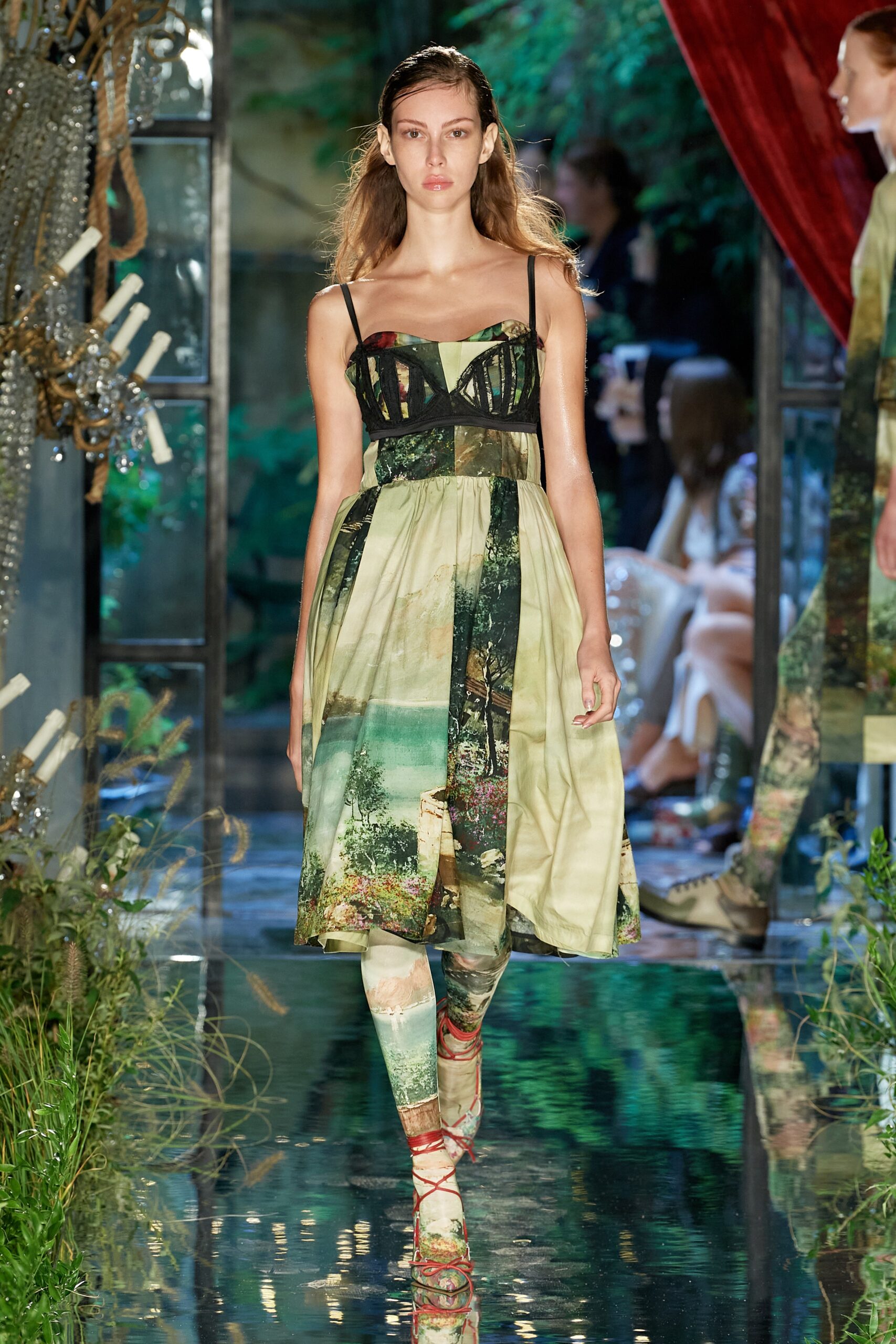 green printed midi dress with leggings