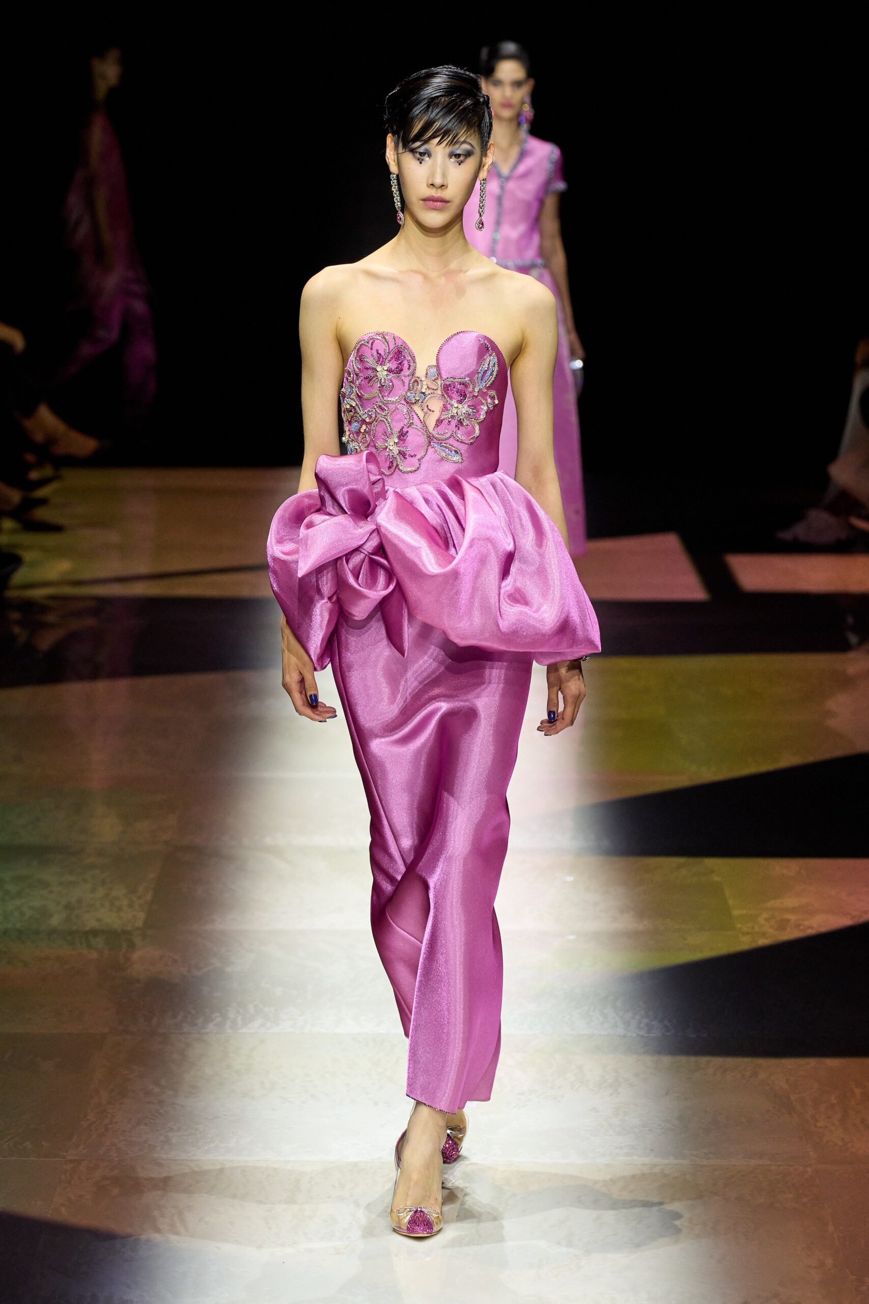 pink silk strapless gown