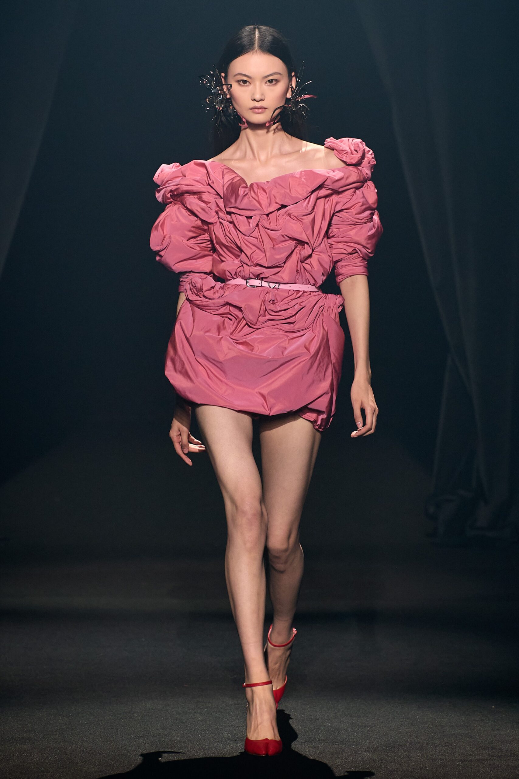 pink off-shoulder ruffled dress