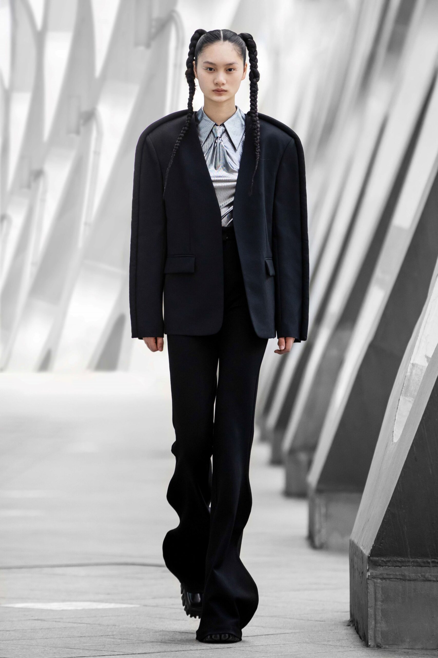 black blazer white shirt flared pants