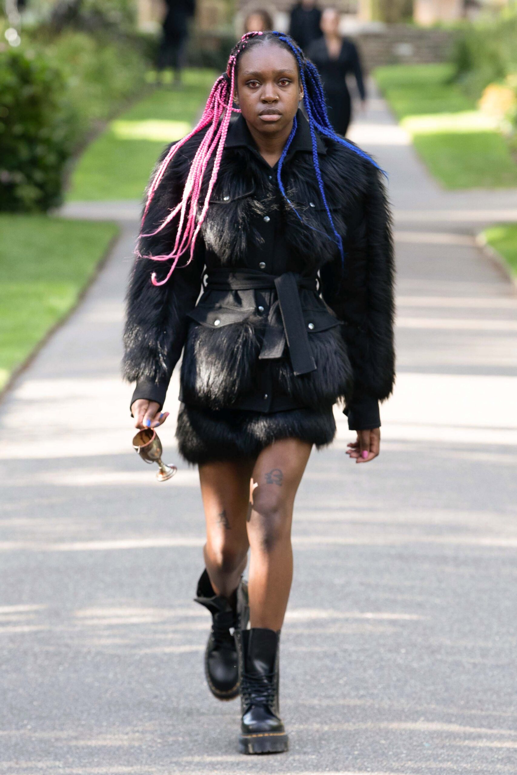 black faux-fur coat with skirt