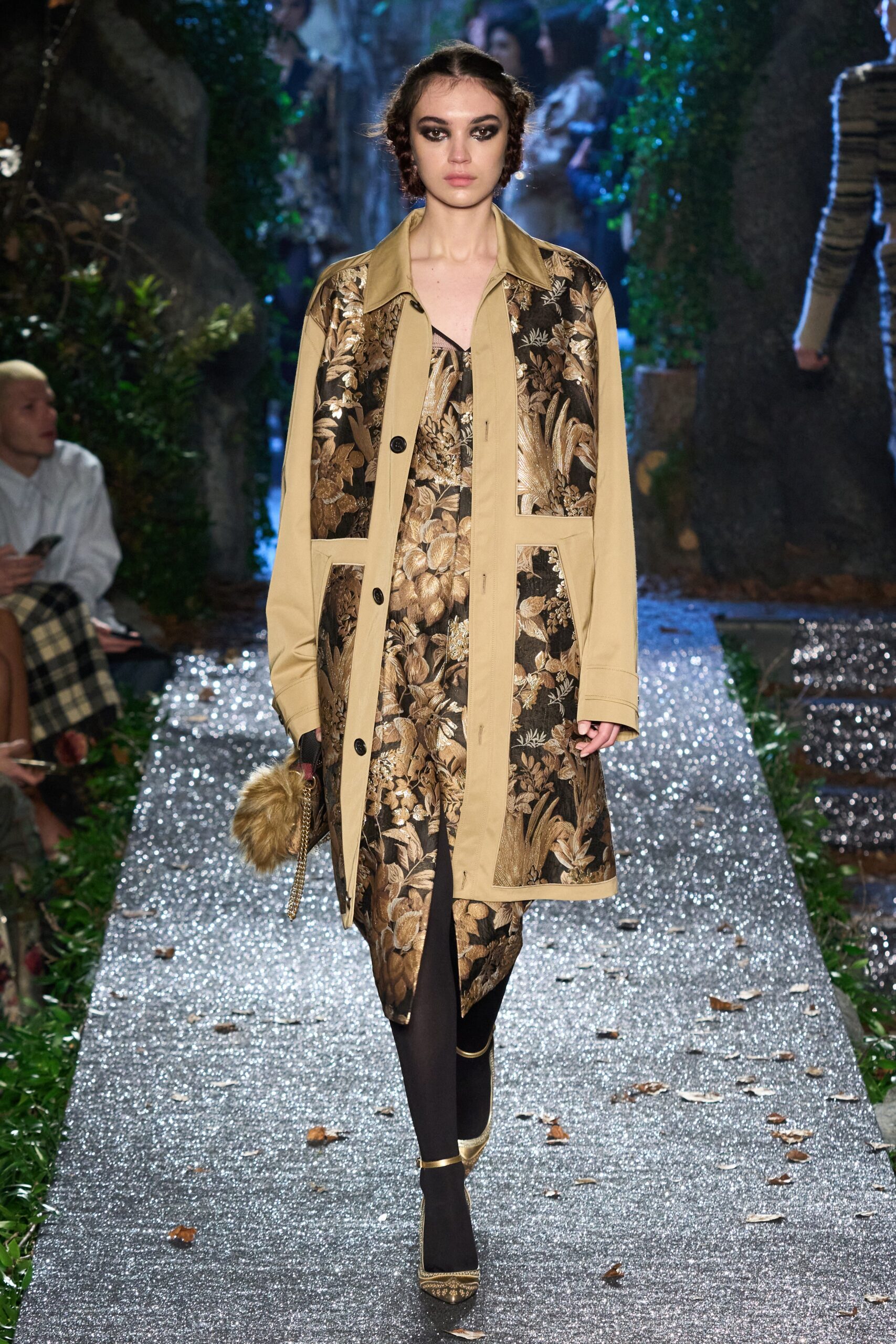 floral midi dress with beige coat