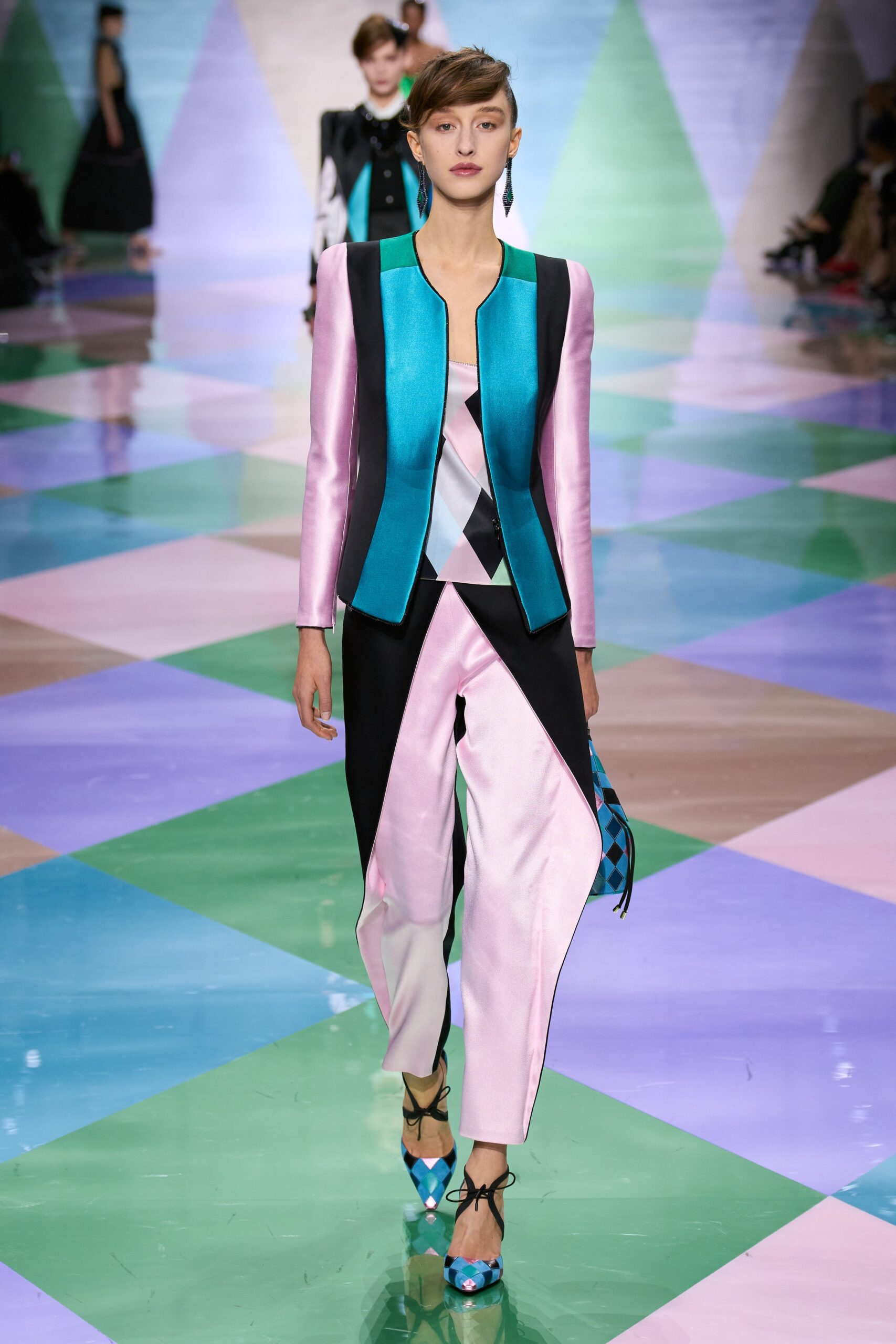 color-blocked pink and blue blazer with fitted pants