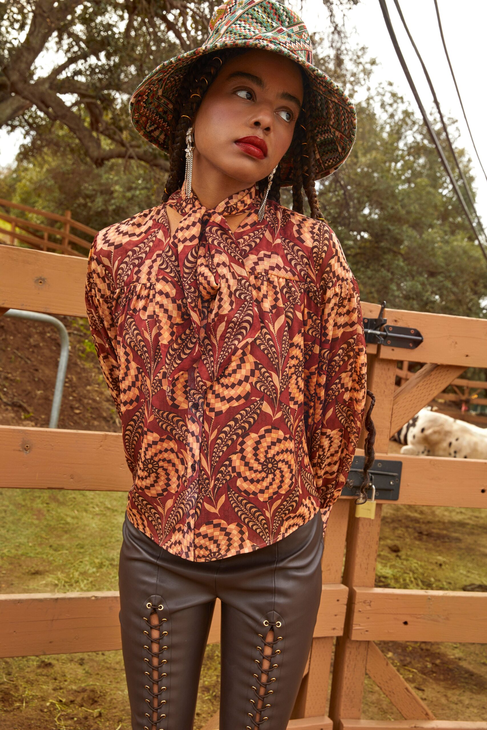 orange silk long-sleeve collared relaxed printed blouse