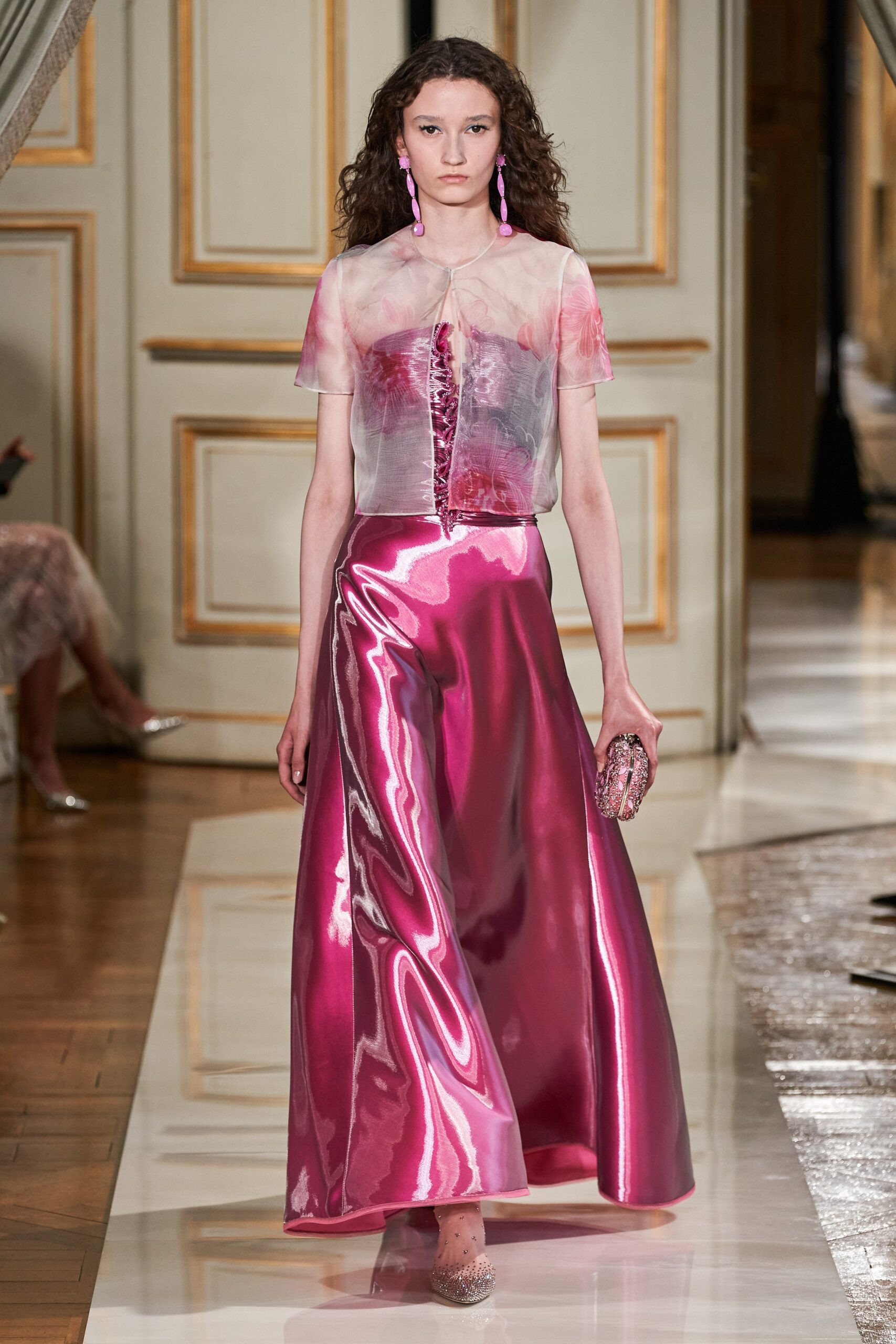 pink silk top and skirt