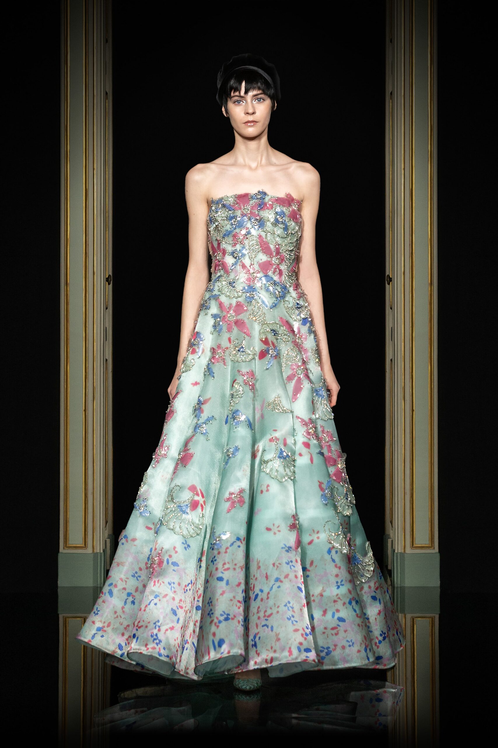 green embroidered strapless gown