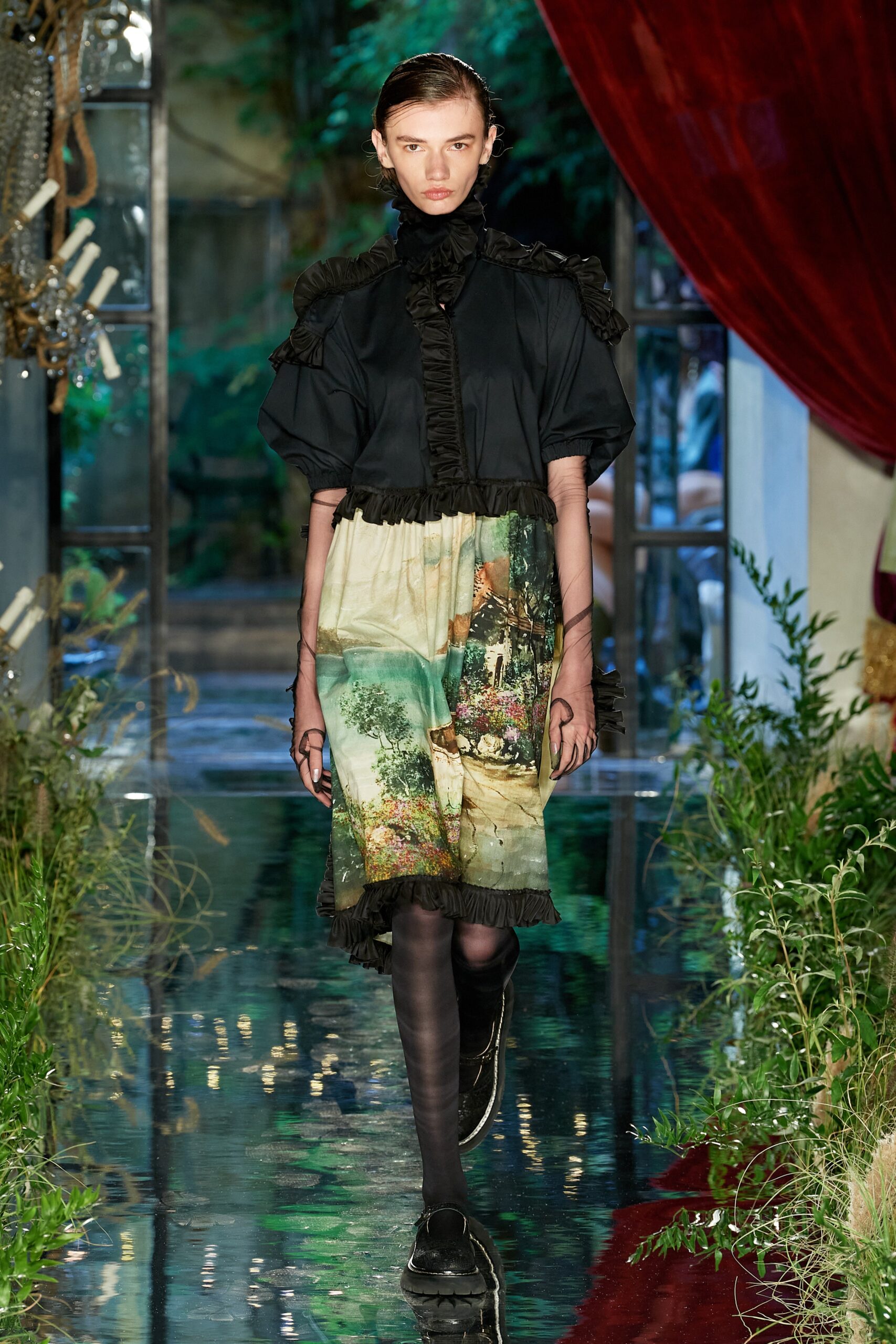 black multi-colored ruffled dress