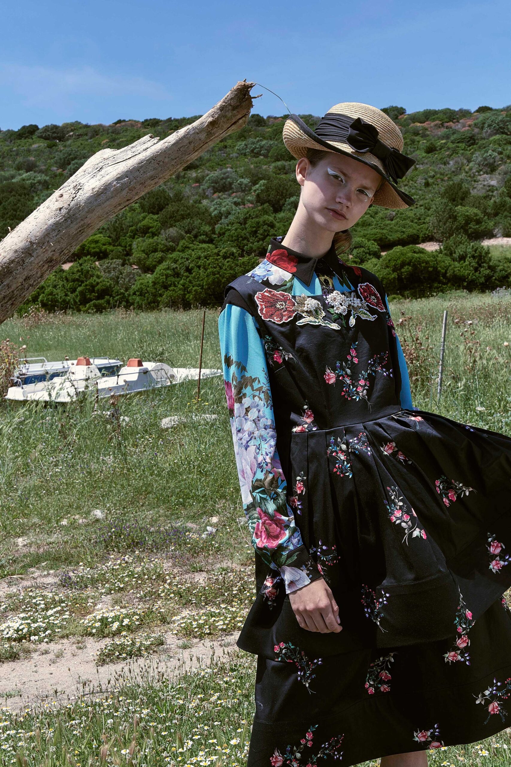 floral black midi dress with hat