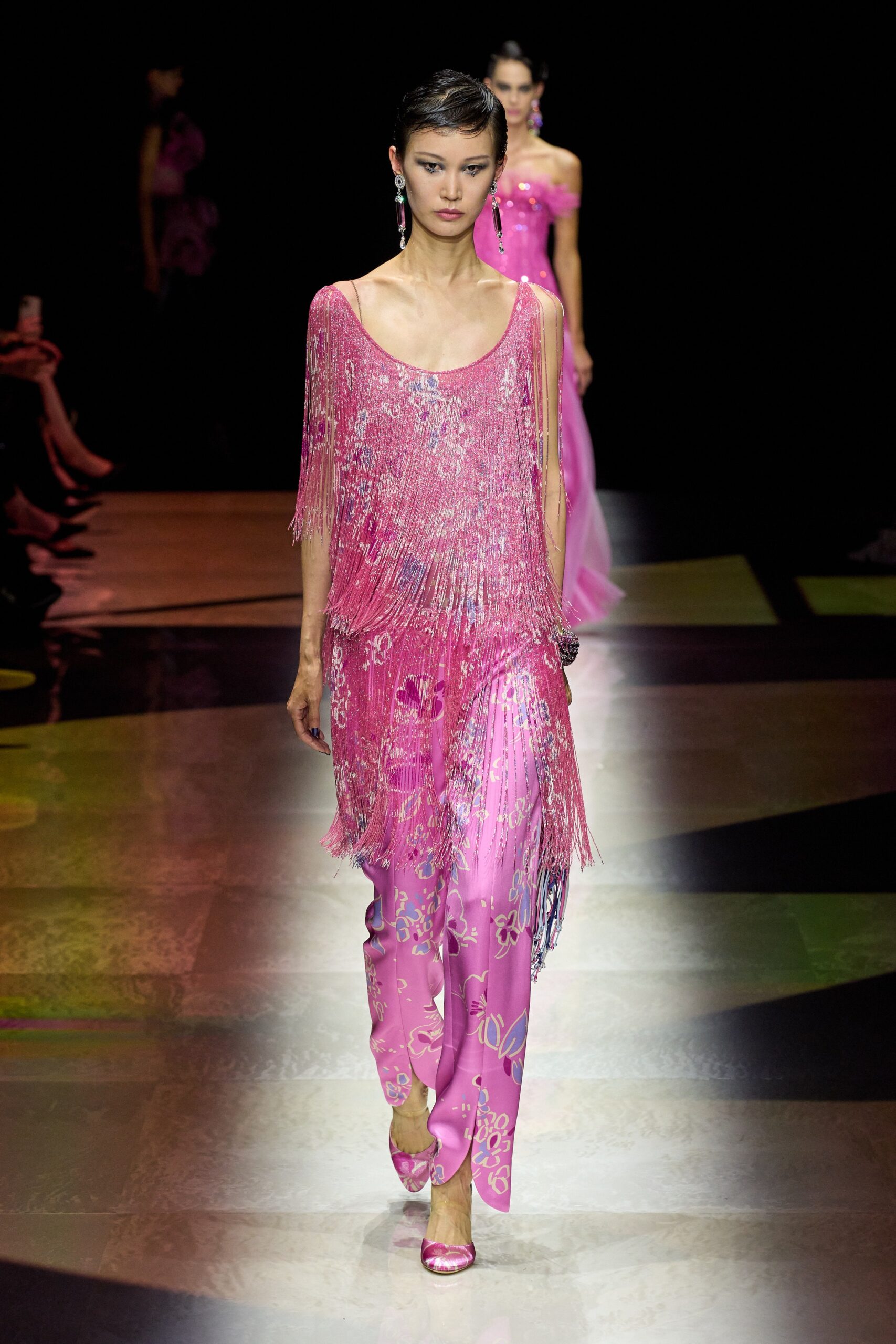 pink silk fringed top and pants