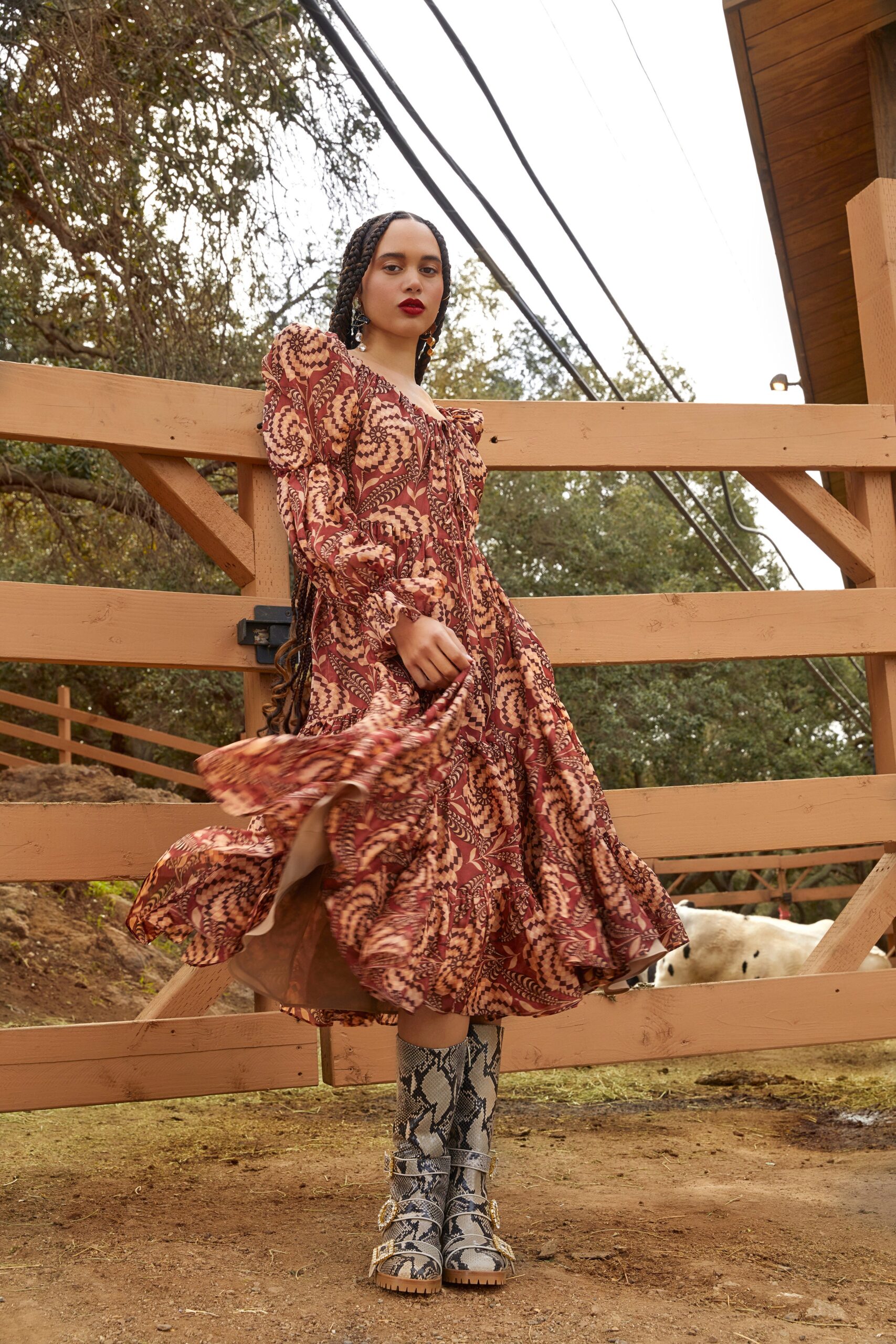 red cotton long-sleeve v-neck fitted flared printed dress