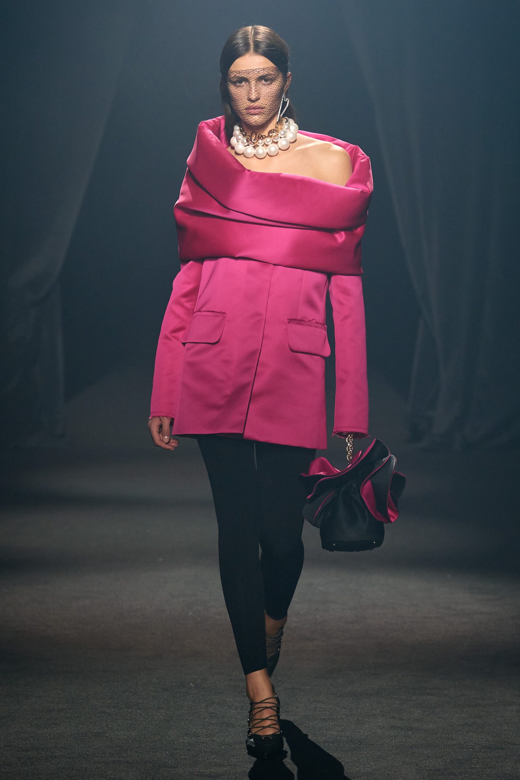 pink silk long-sleeve off-shoulder fitted pockets draped jacket
