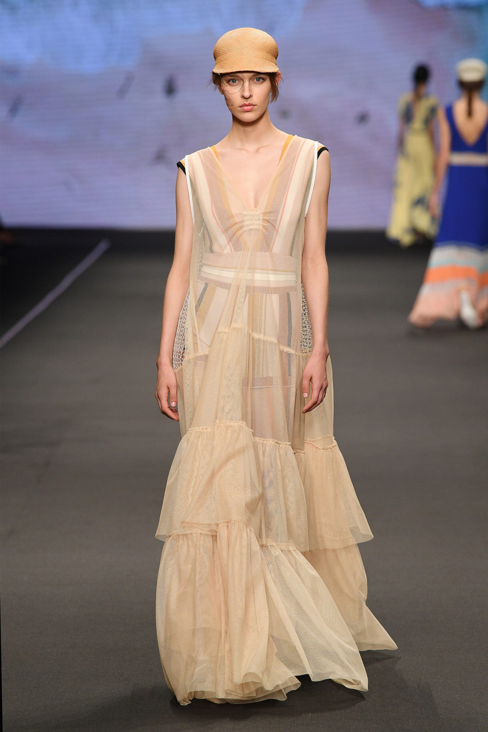 beige flowing tiered maxi dress