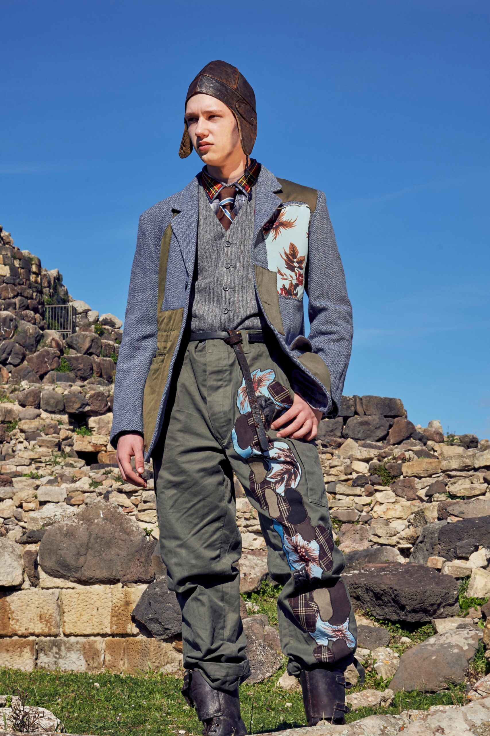 gray wool long-sleeve collared structured buttoned patchwork blazer