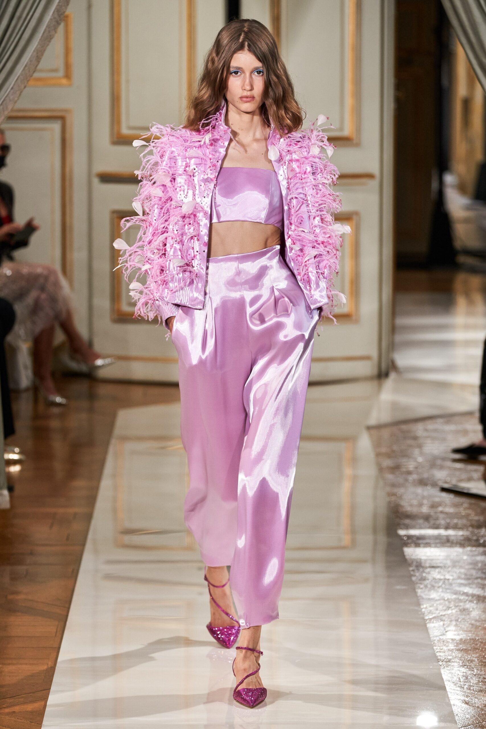 pink silk ruffled jacket and top