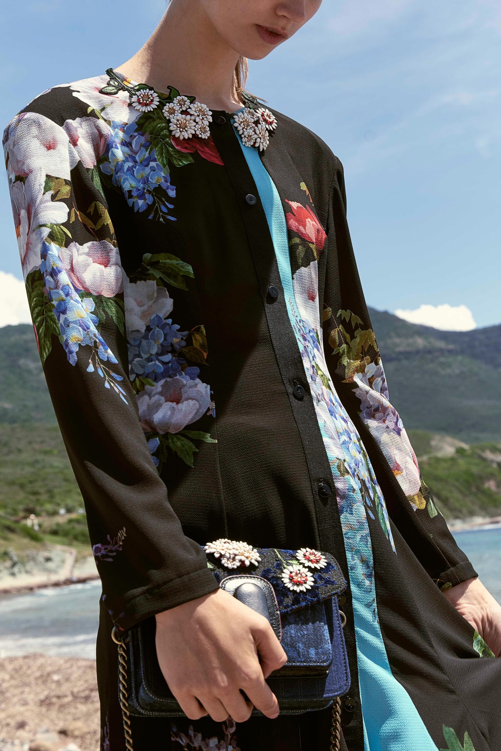 black and blue floral midi dress