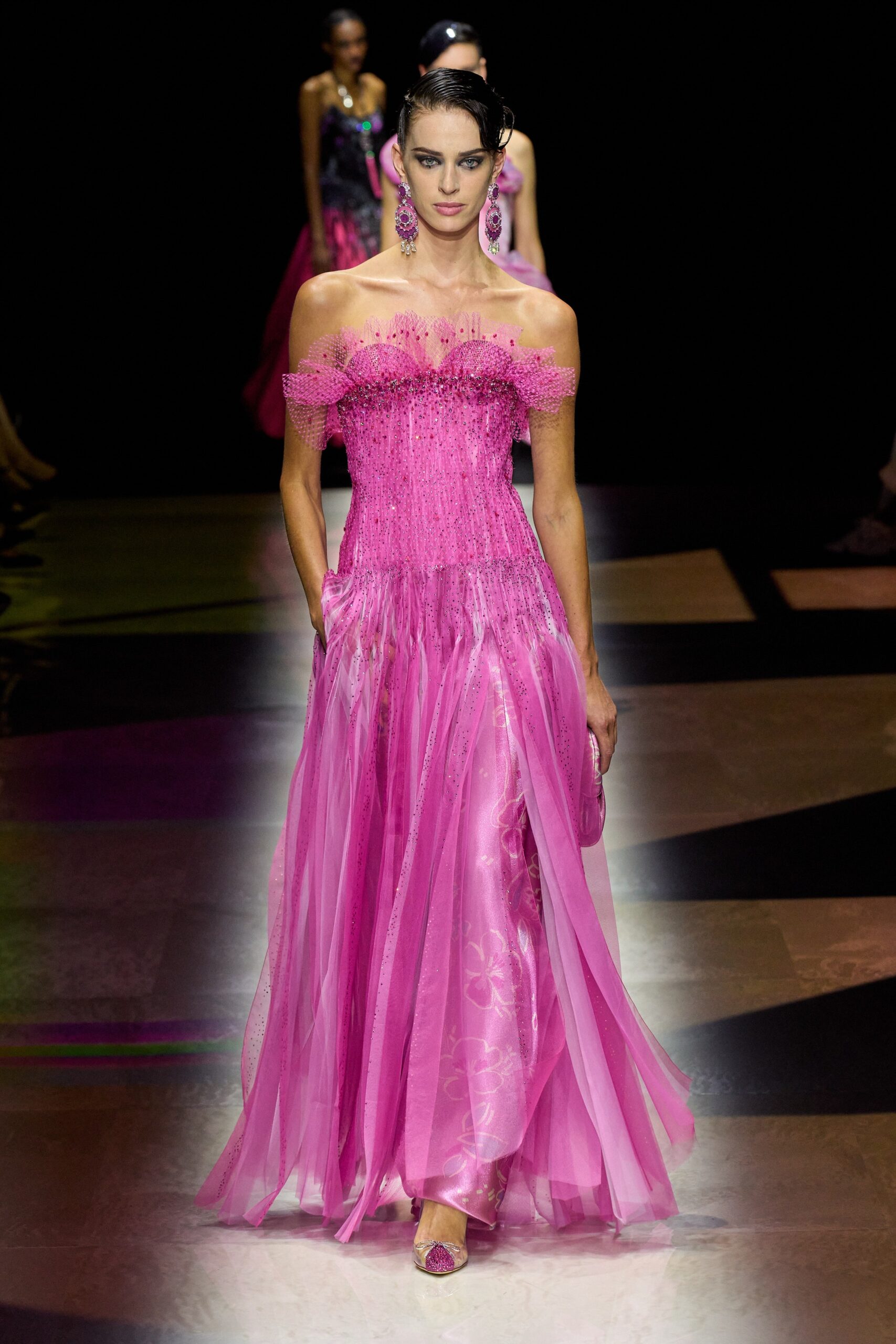 pink silk strapless gown