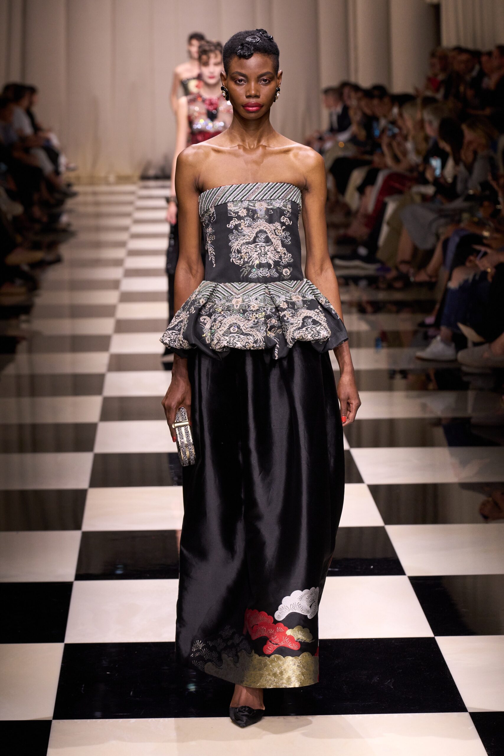 black silk strapless gown