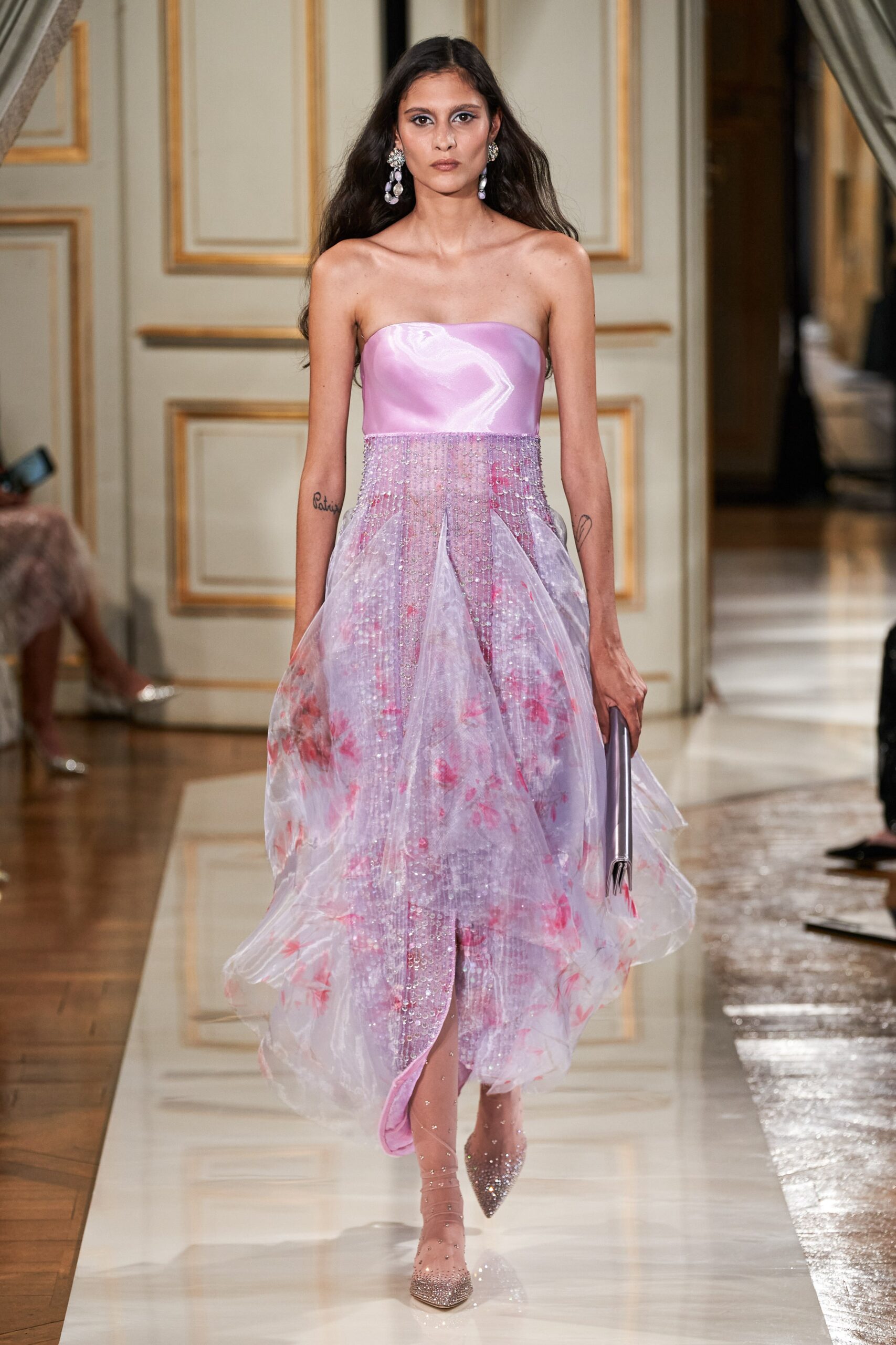 pink purple strapless gown