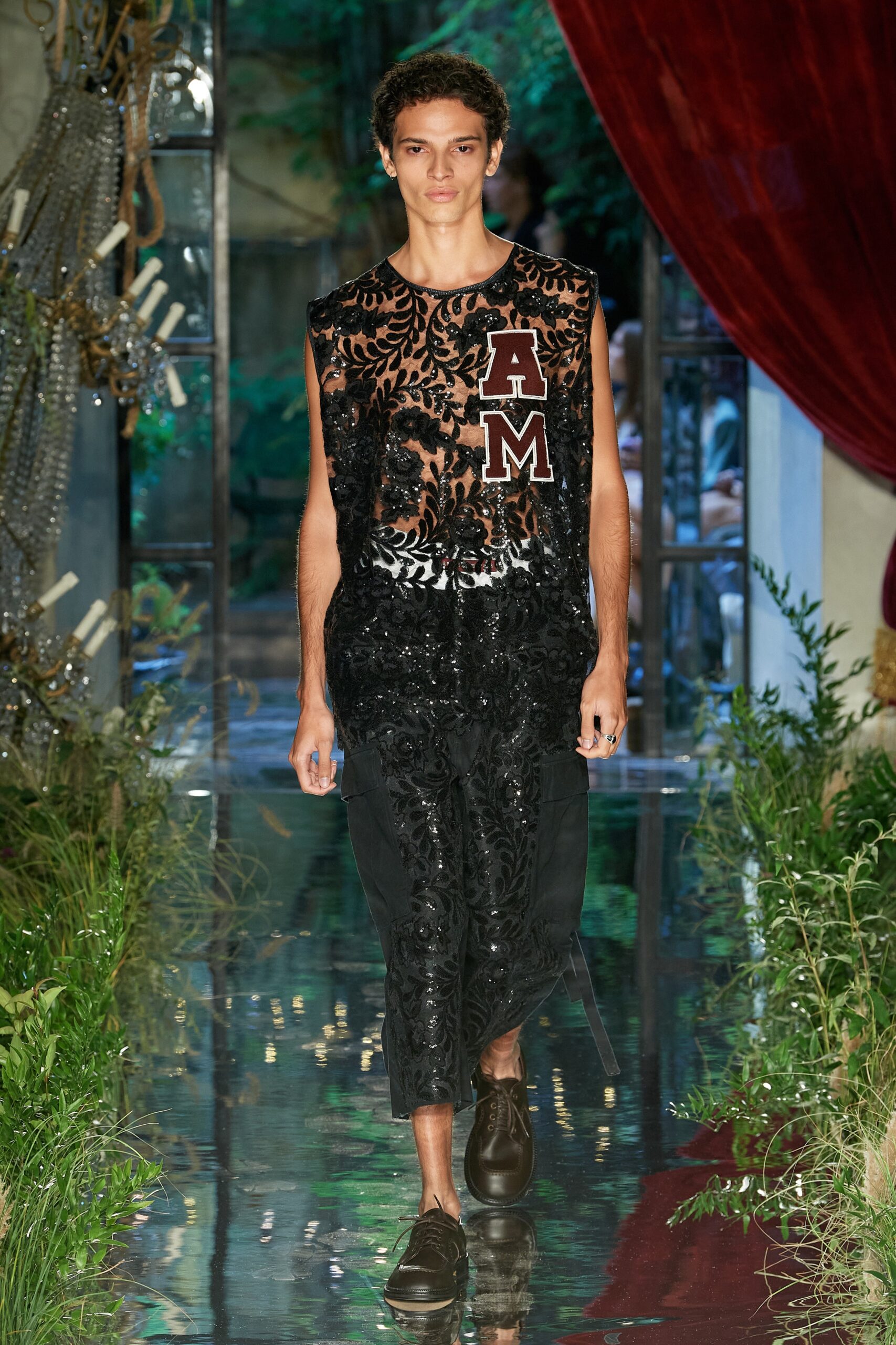 black lace top with relaxed pants