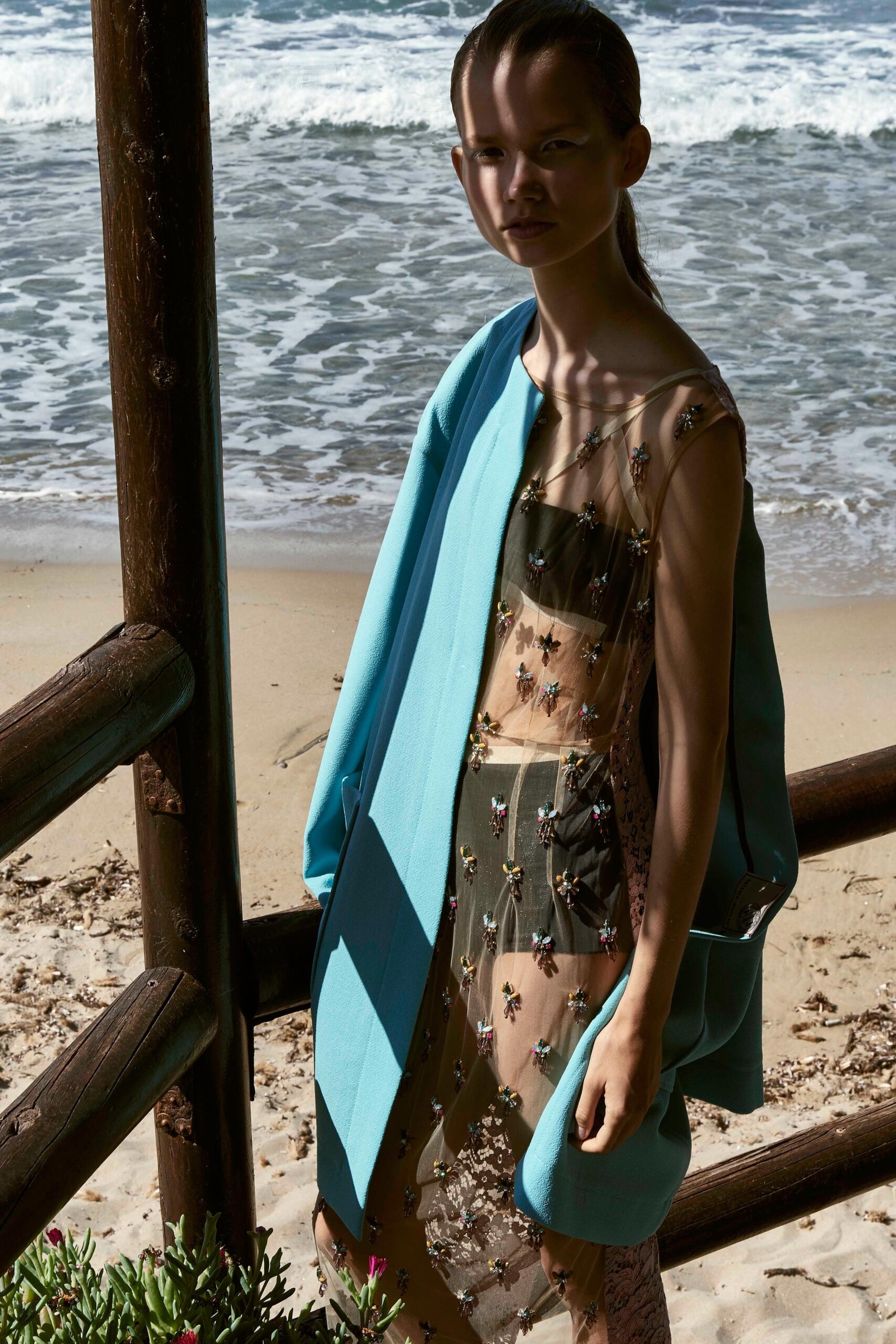 green silk sleeveless v-neck fitted embroidered sheer dress