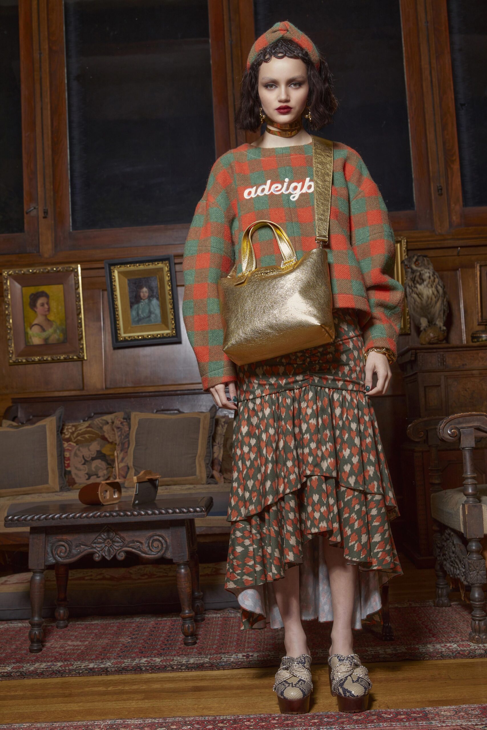 orange long-sleeve collared relaxed checked sweater