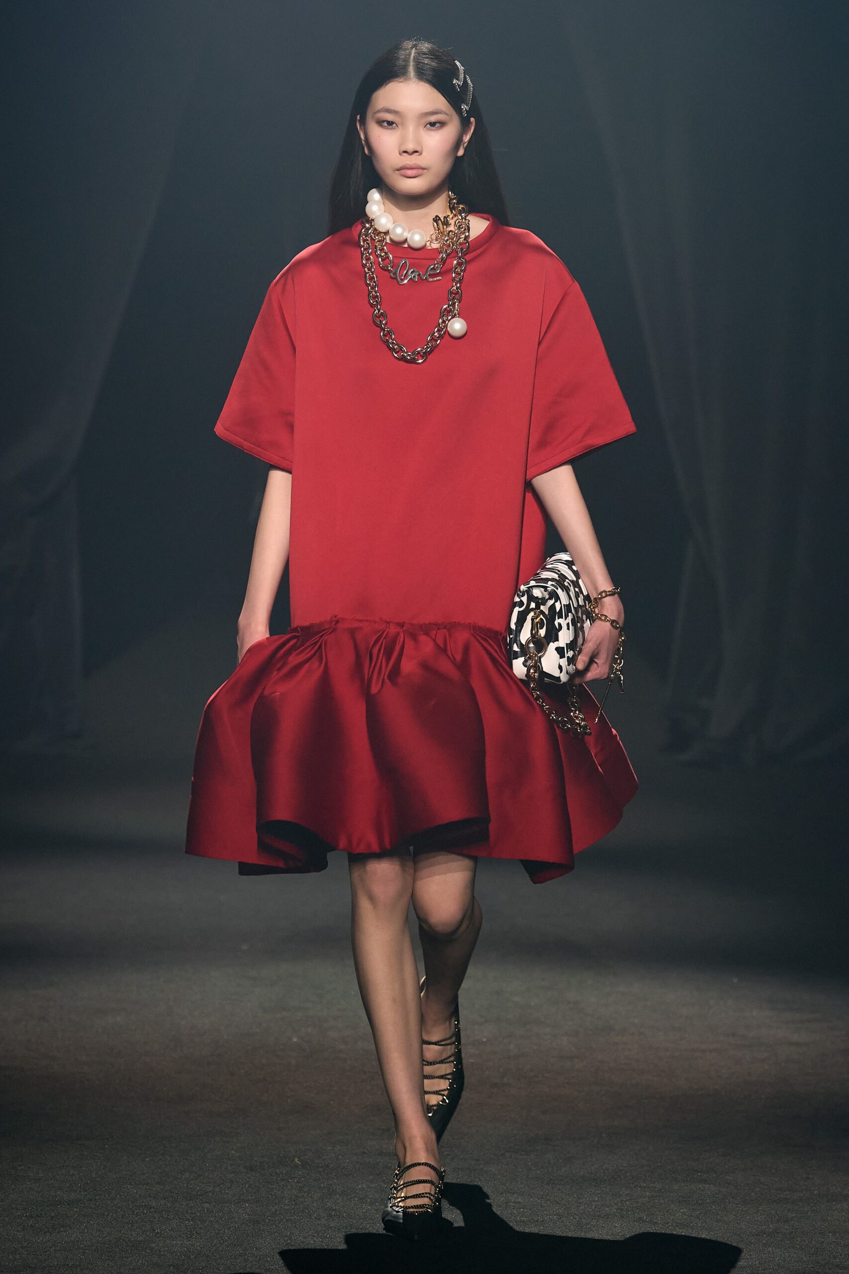 red cotton short-sleeve collared relaxed flared mini dress