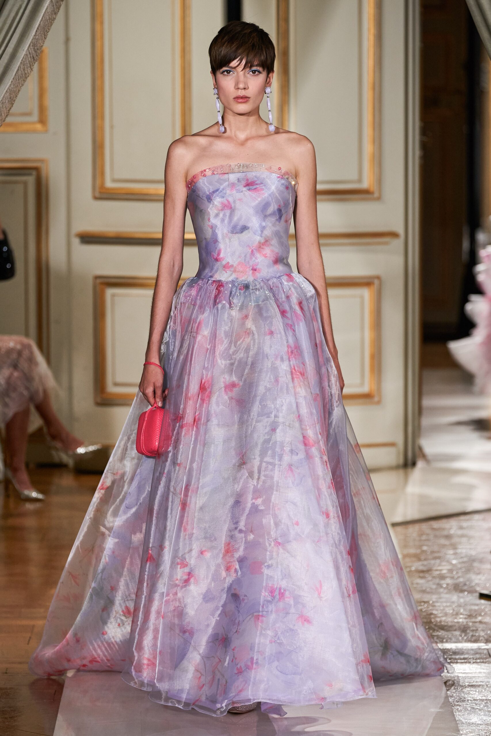 purple pink blue strapless gown