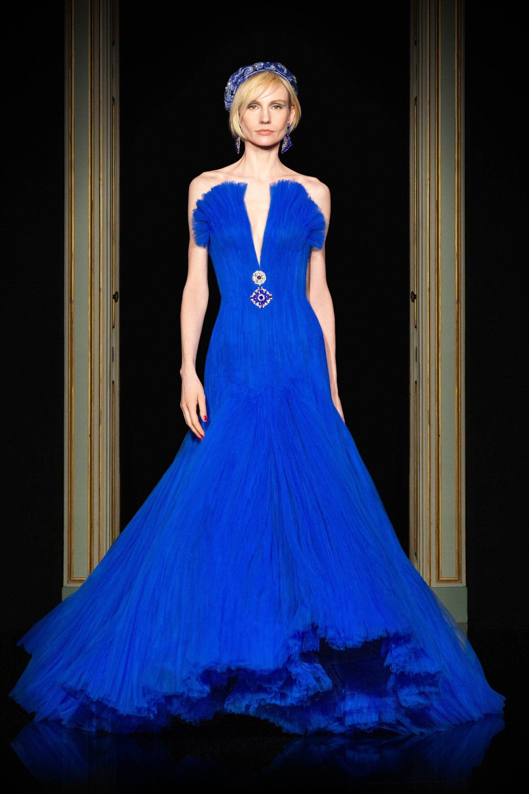 blue tulle sleeveless gown