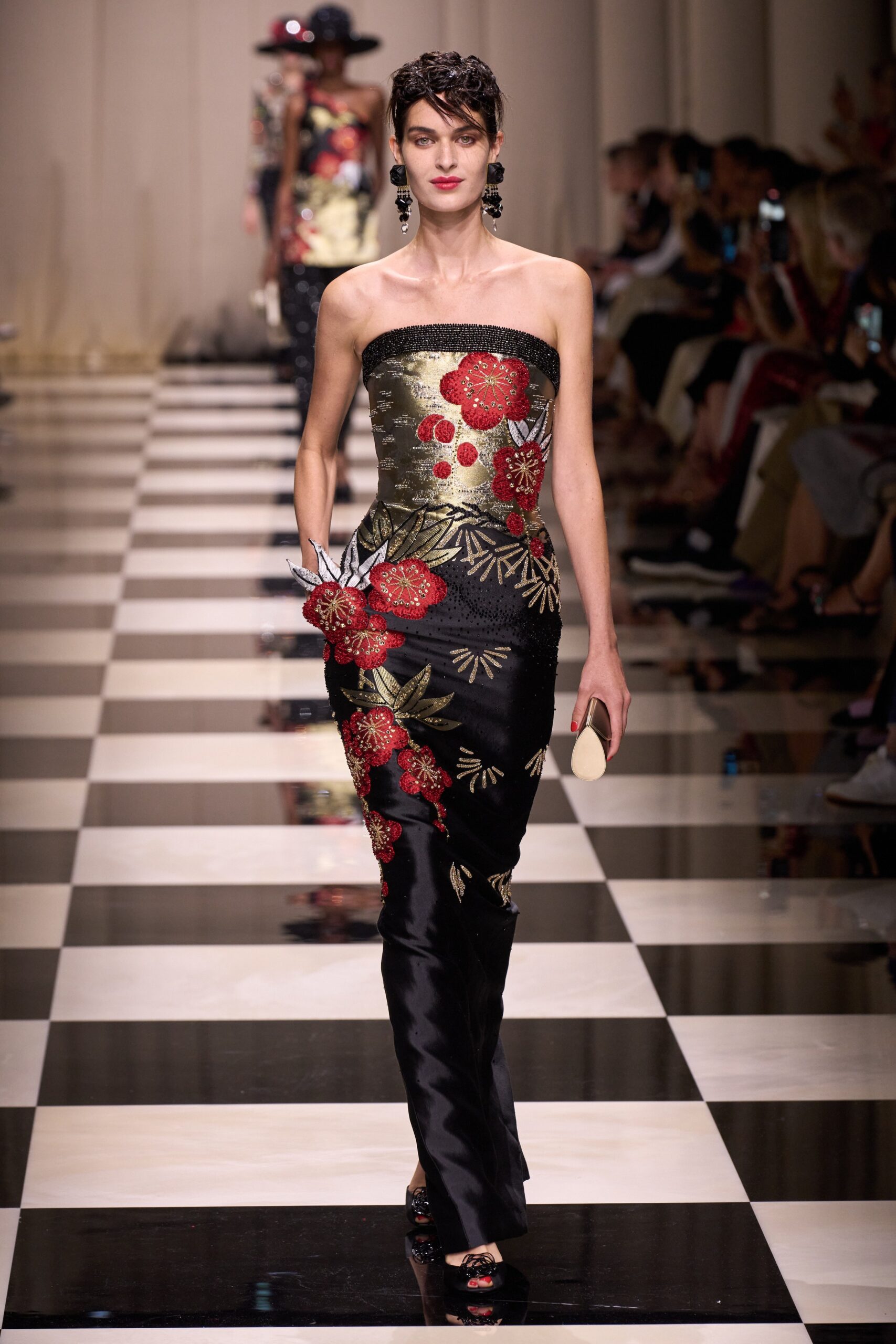 black gold red embroidered gown