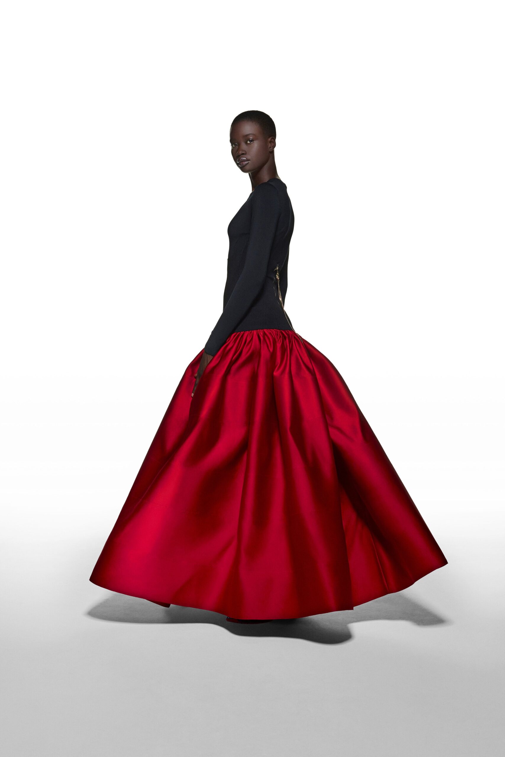 red silk relaxed high-waisted pleated flowing maxi skirt