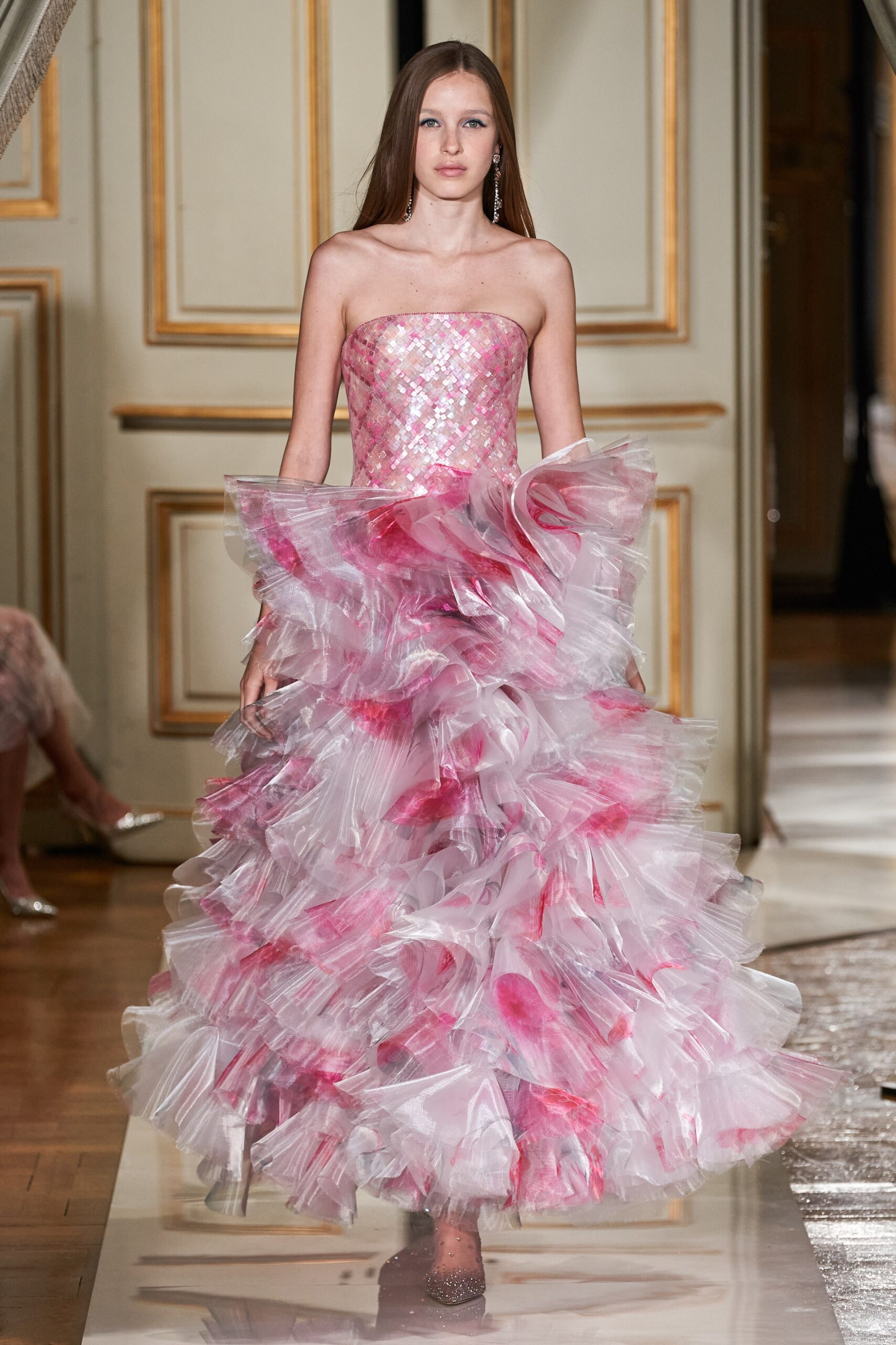 pink ruffled strapless gown
