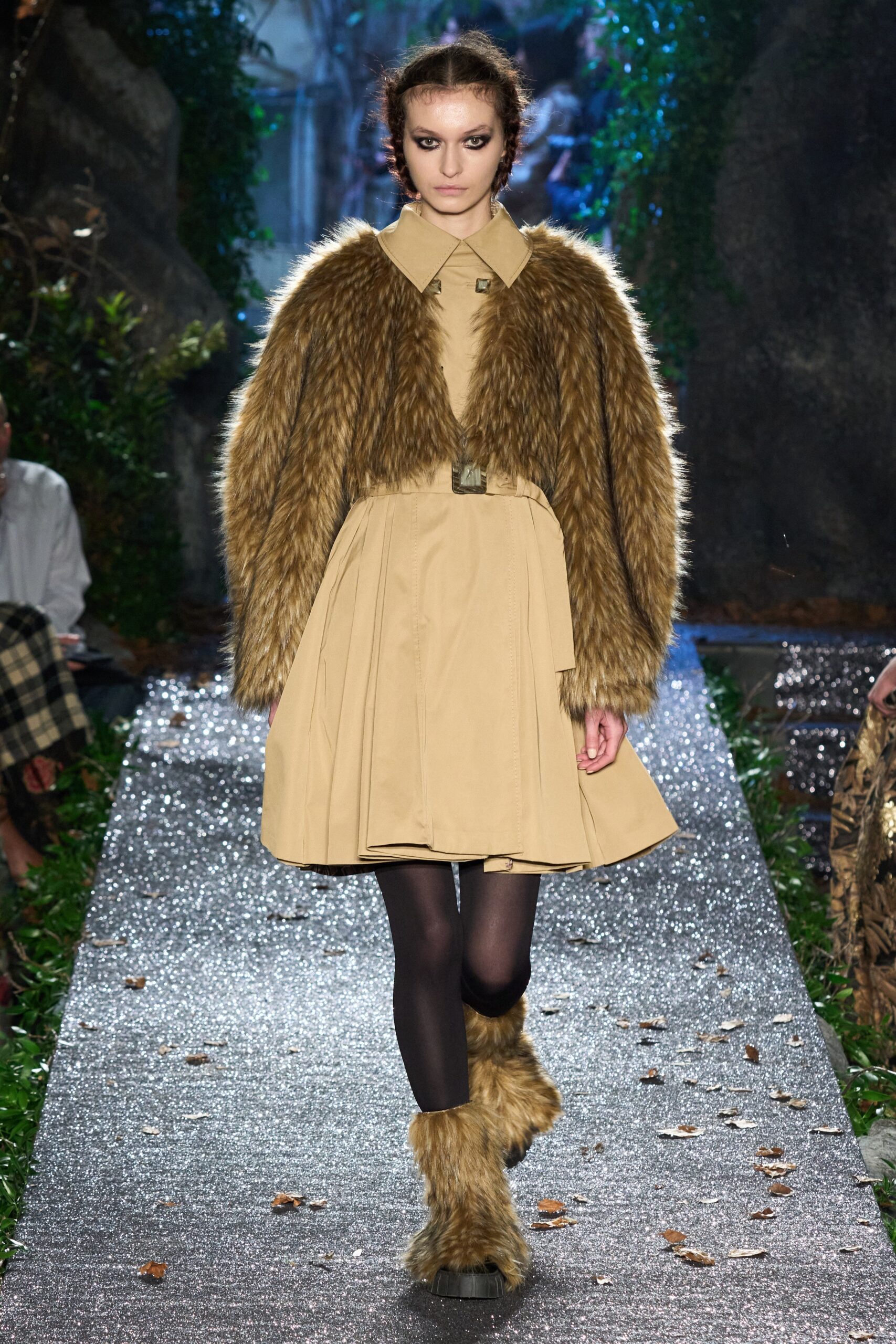 beige faux-fur coat and tan dress