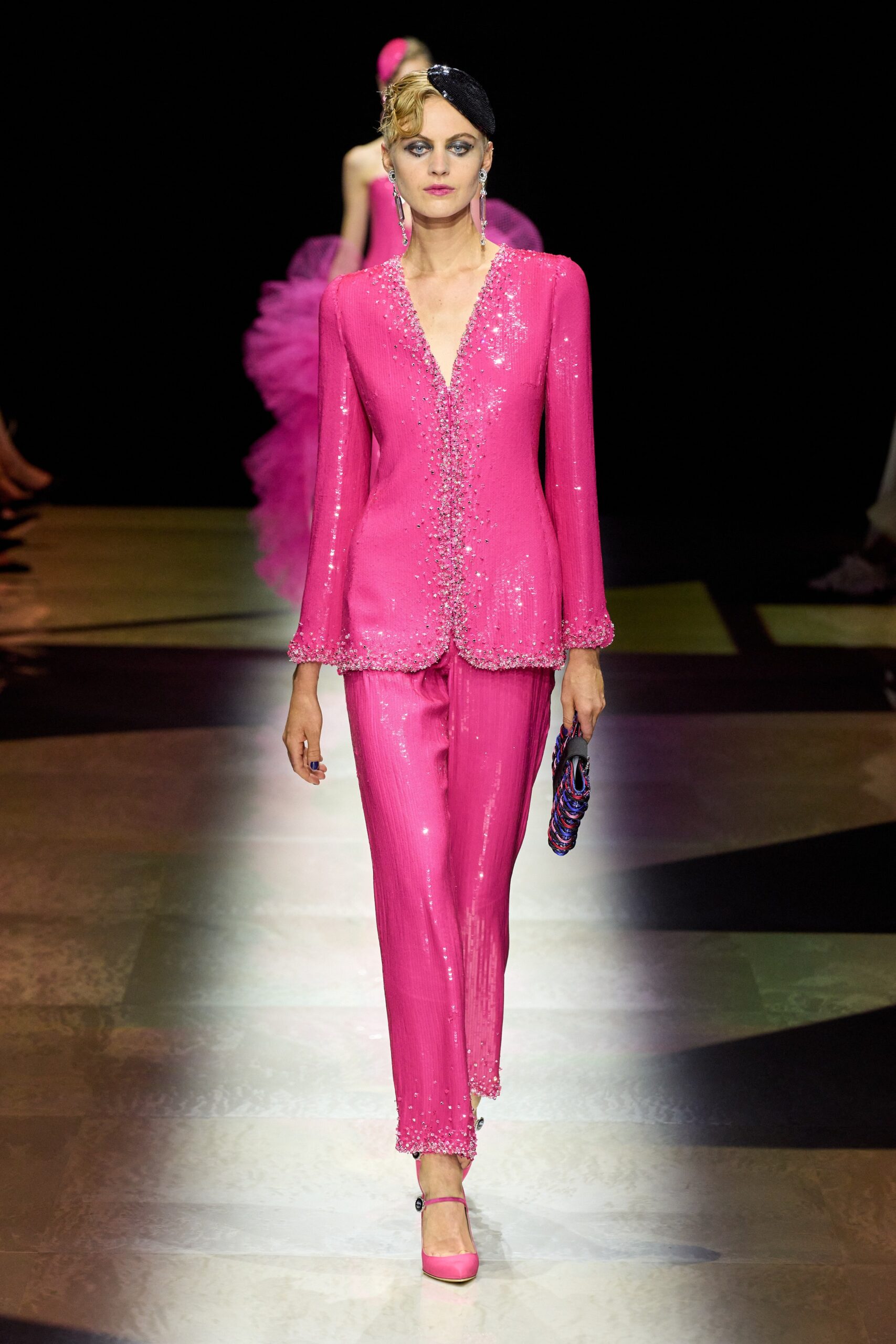 pink sequined fitted suit