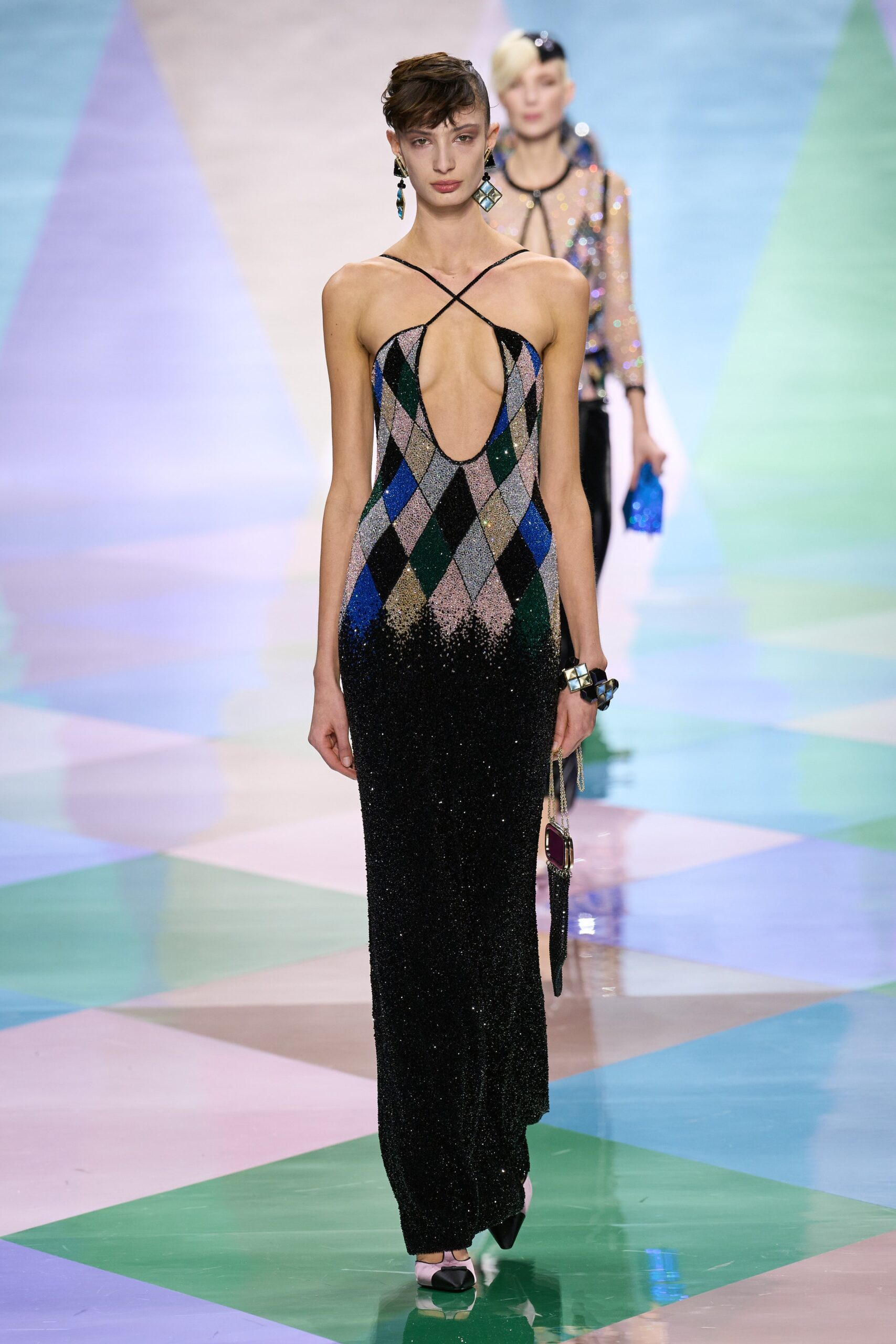 black multi-colored embellished gown