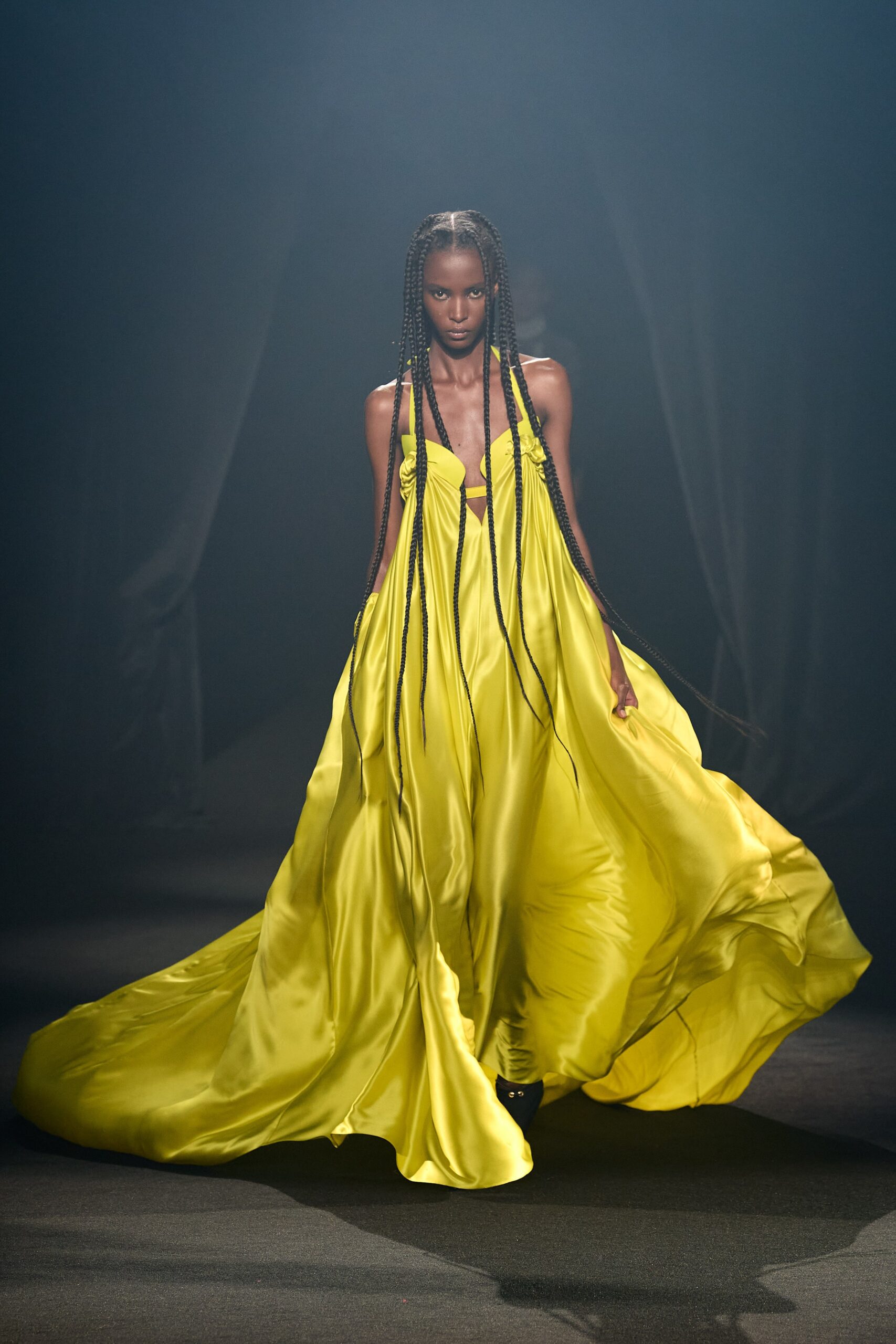 yellow silk sleeveless gown