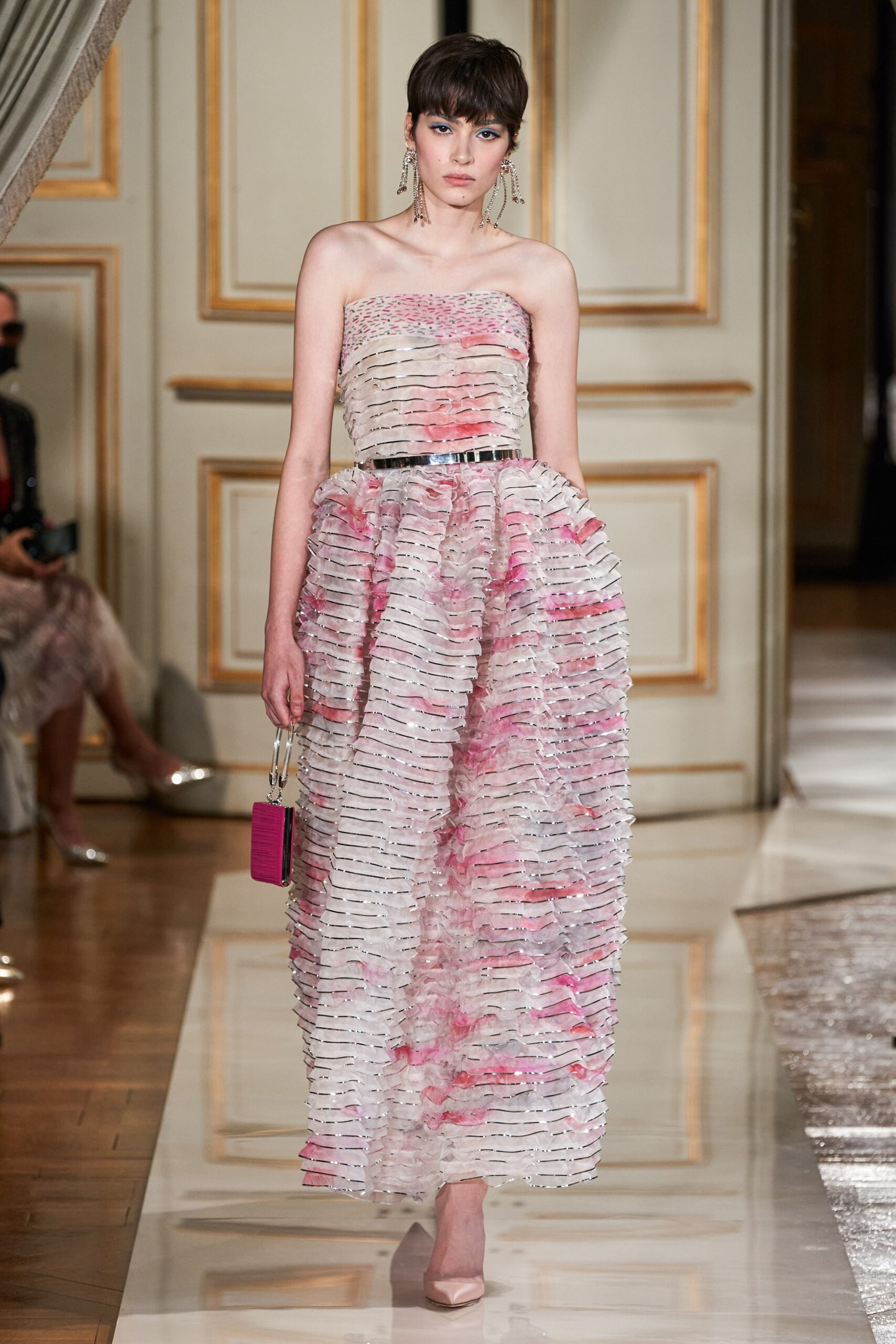 pink and white pleated gown